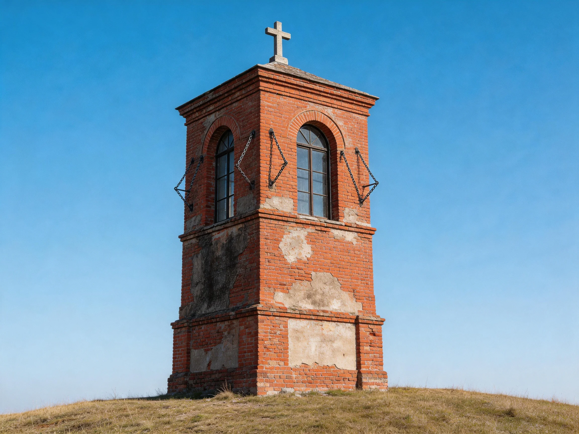 A weathered red-brick bell tower with a cross on a grassy hill
