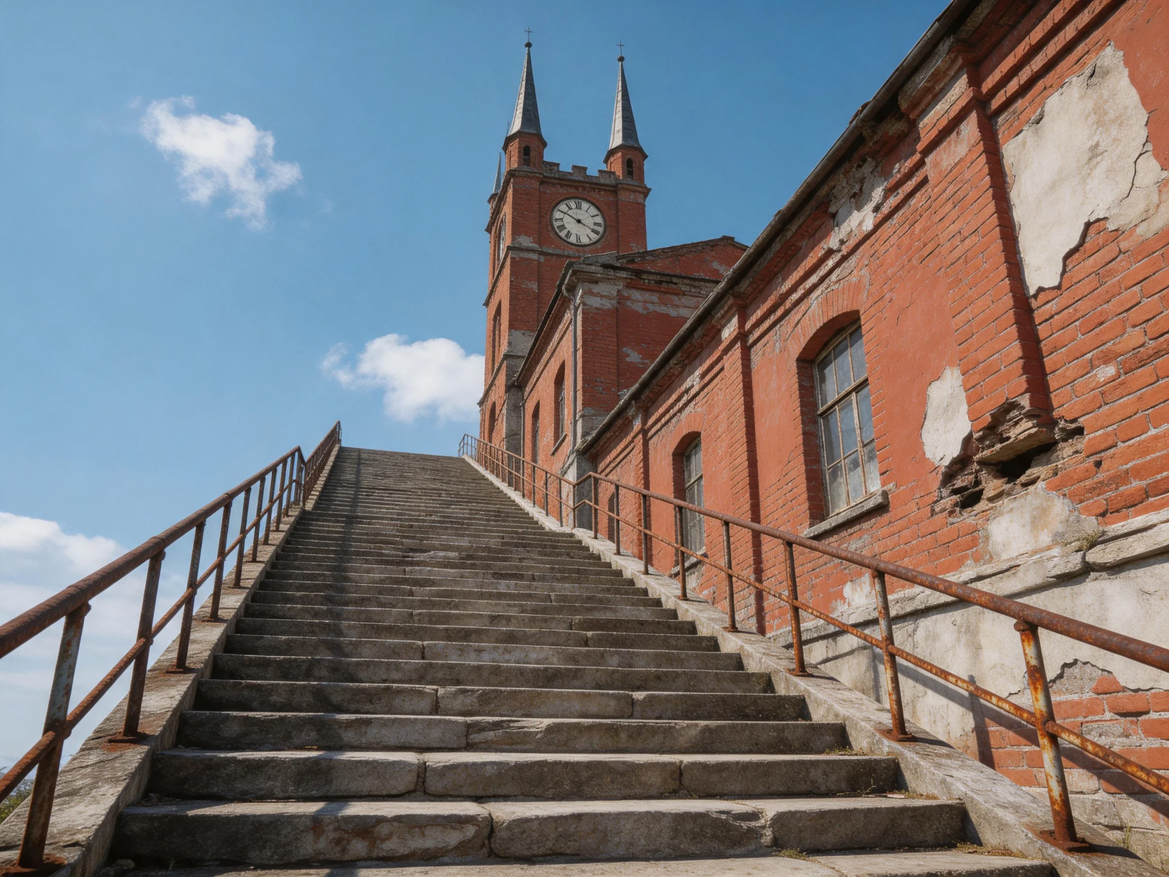 A weathered red-brick building with a clock tower overlooks a long stone staircase