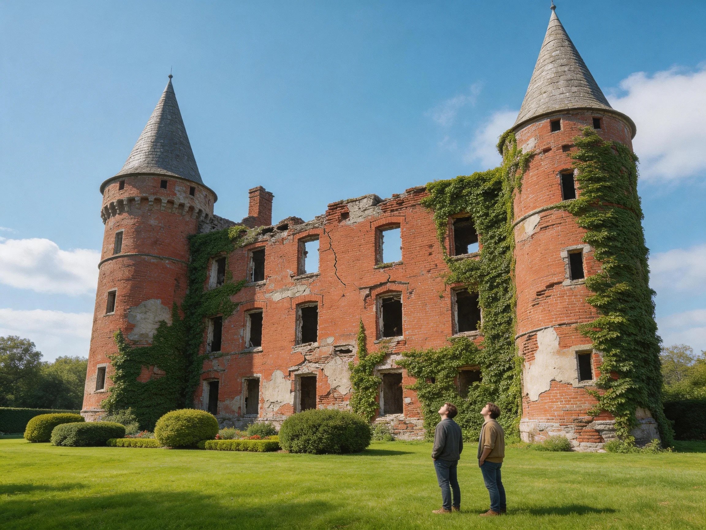 A weathered red-brick castle with two conical towers covered in green ivy