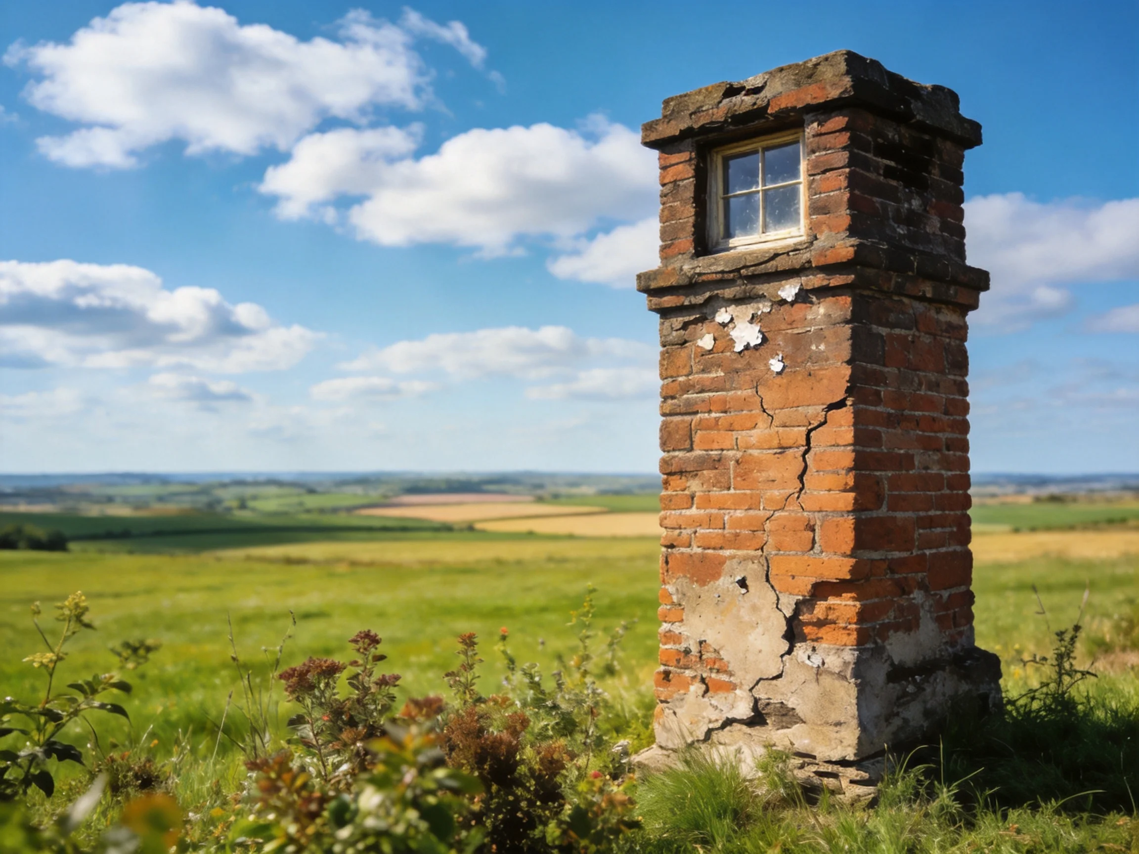 A weathered red-brick chimney amidst lush green fields under a bright blue sky
