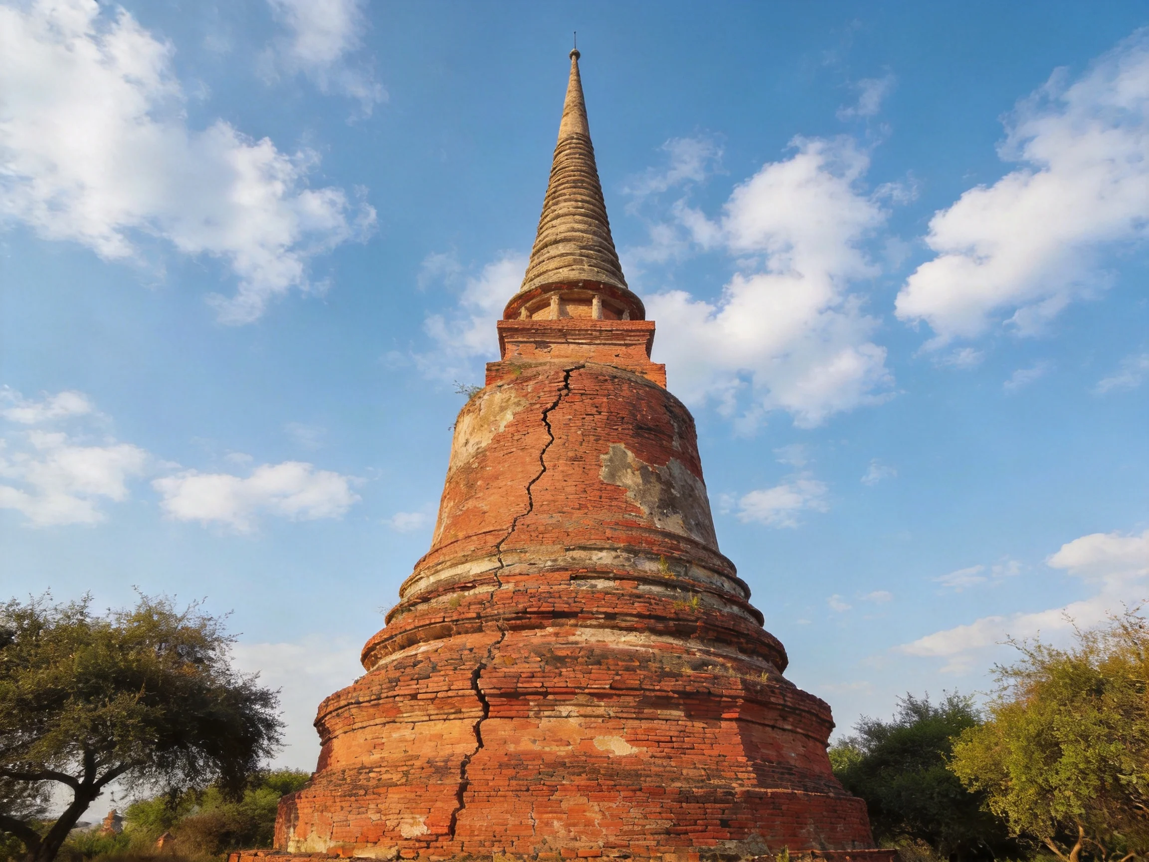 A weathered red-brick pagoda stands against a bright blue sky