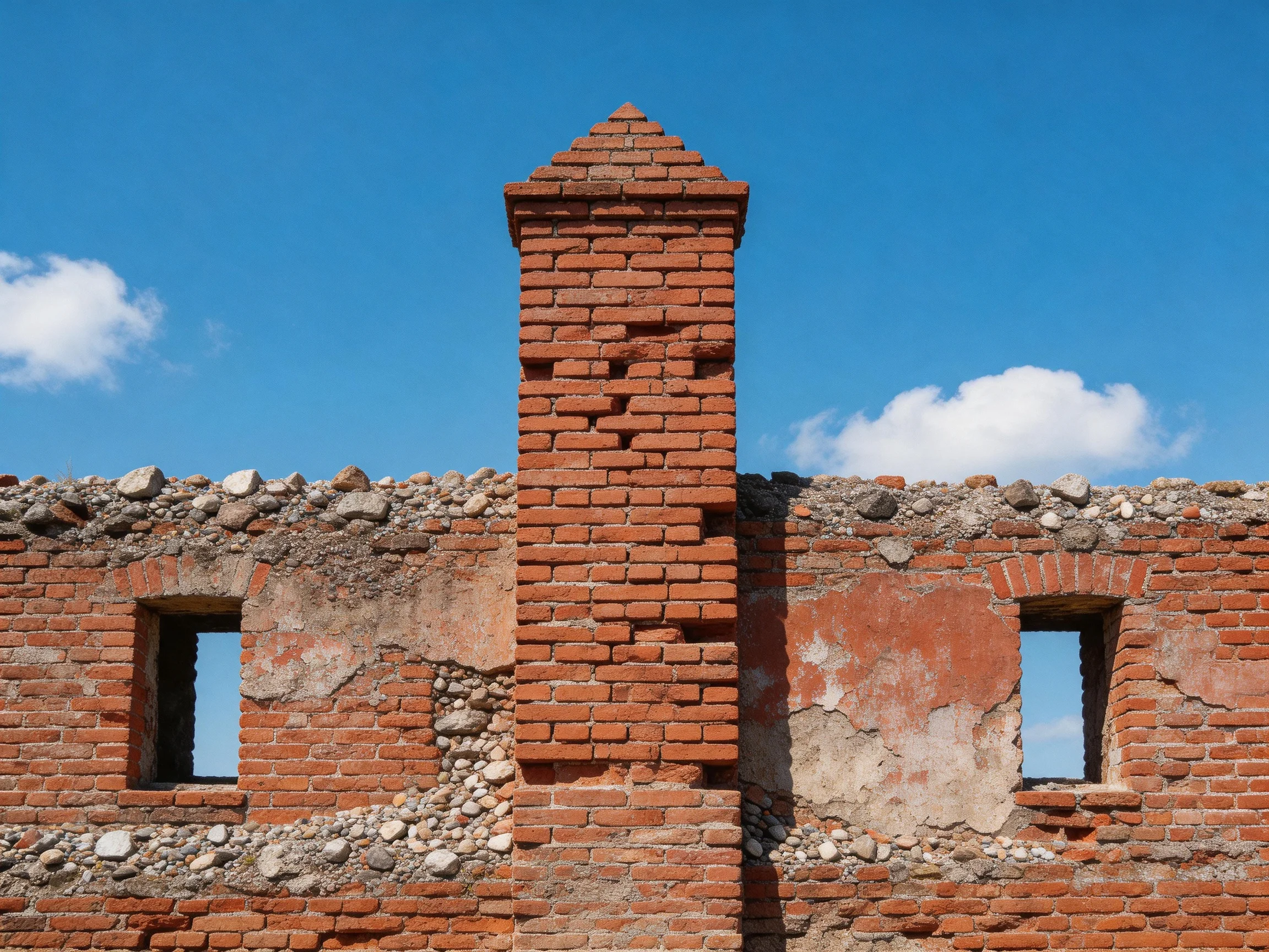 A weathered red-brick ruin with a central tower under clear blue sky