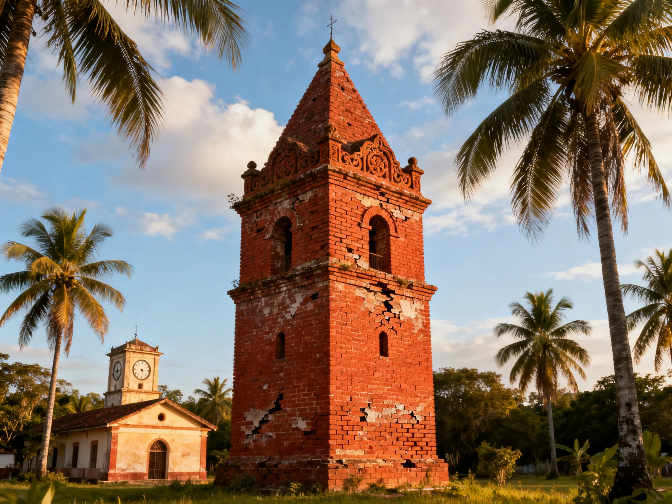 A weathered red brick tower and old church near palm trees