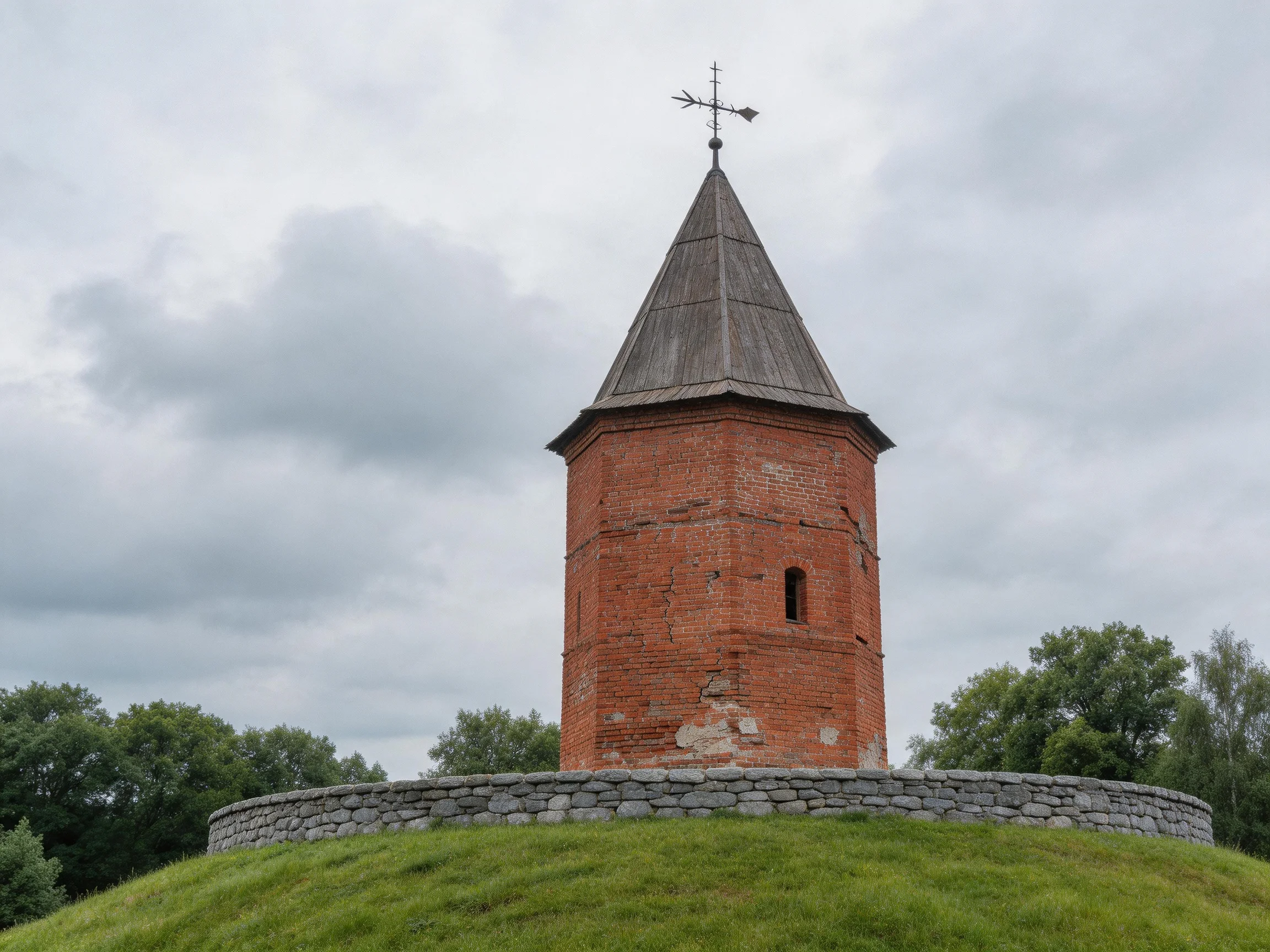 A weathered red-brick tower atop a grassy mound with stone enclosure