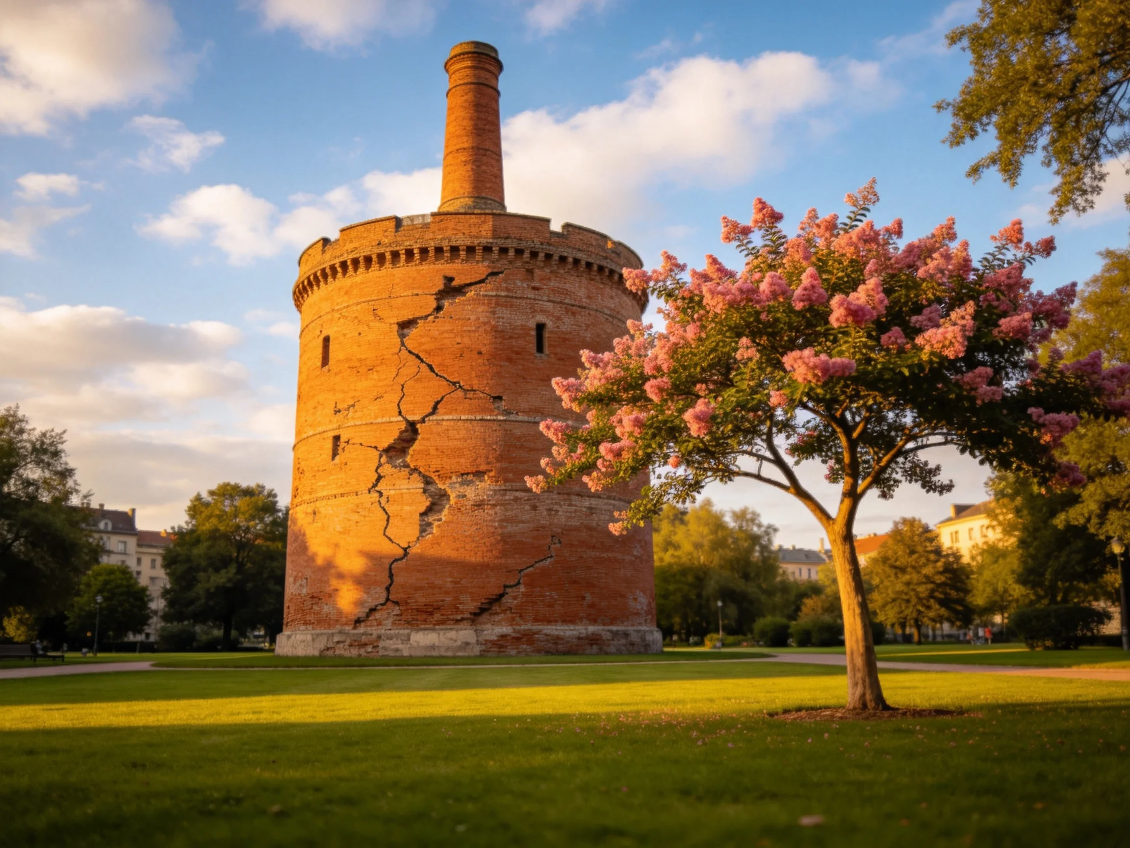 A weathered red-brick tower beside a blooming pink tree in a sunny park