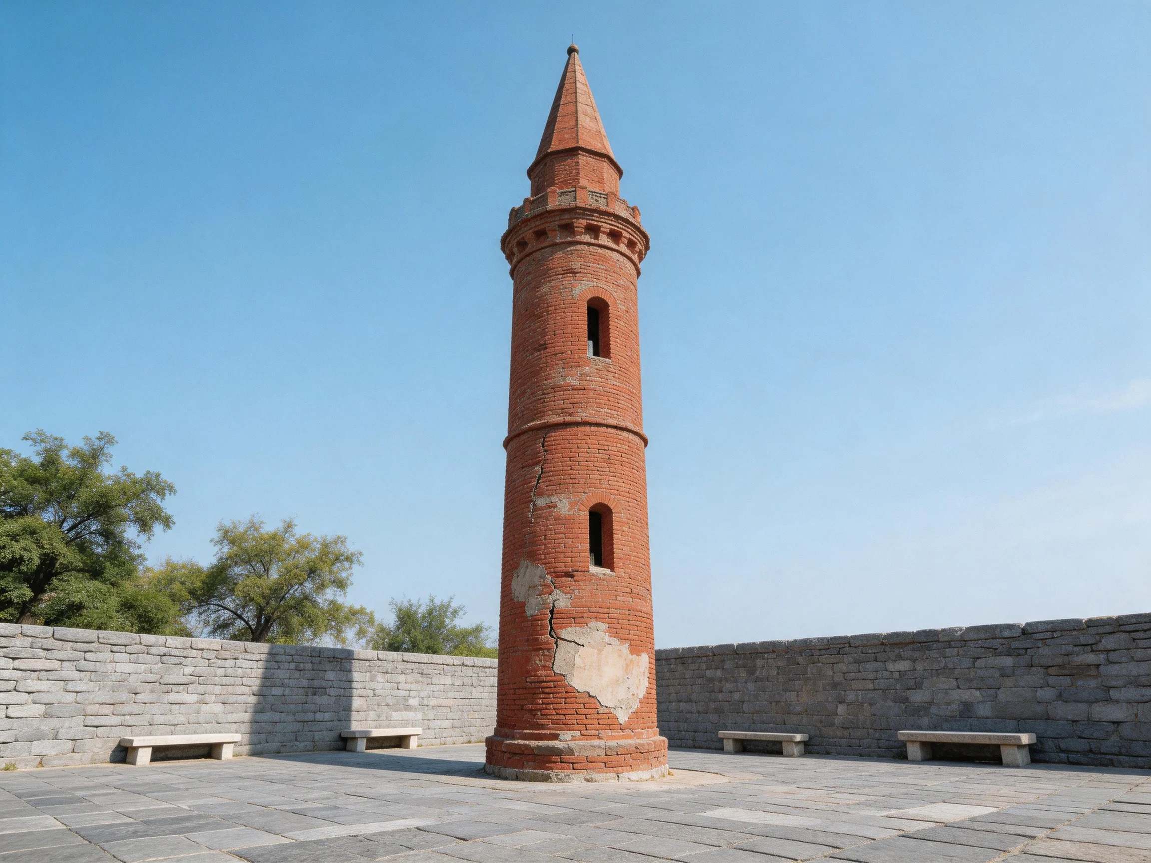 A weathered red-brick tower stands among gray stone structures under bright blue sky