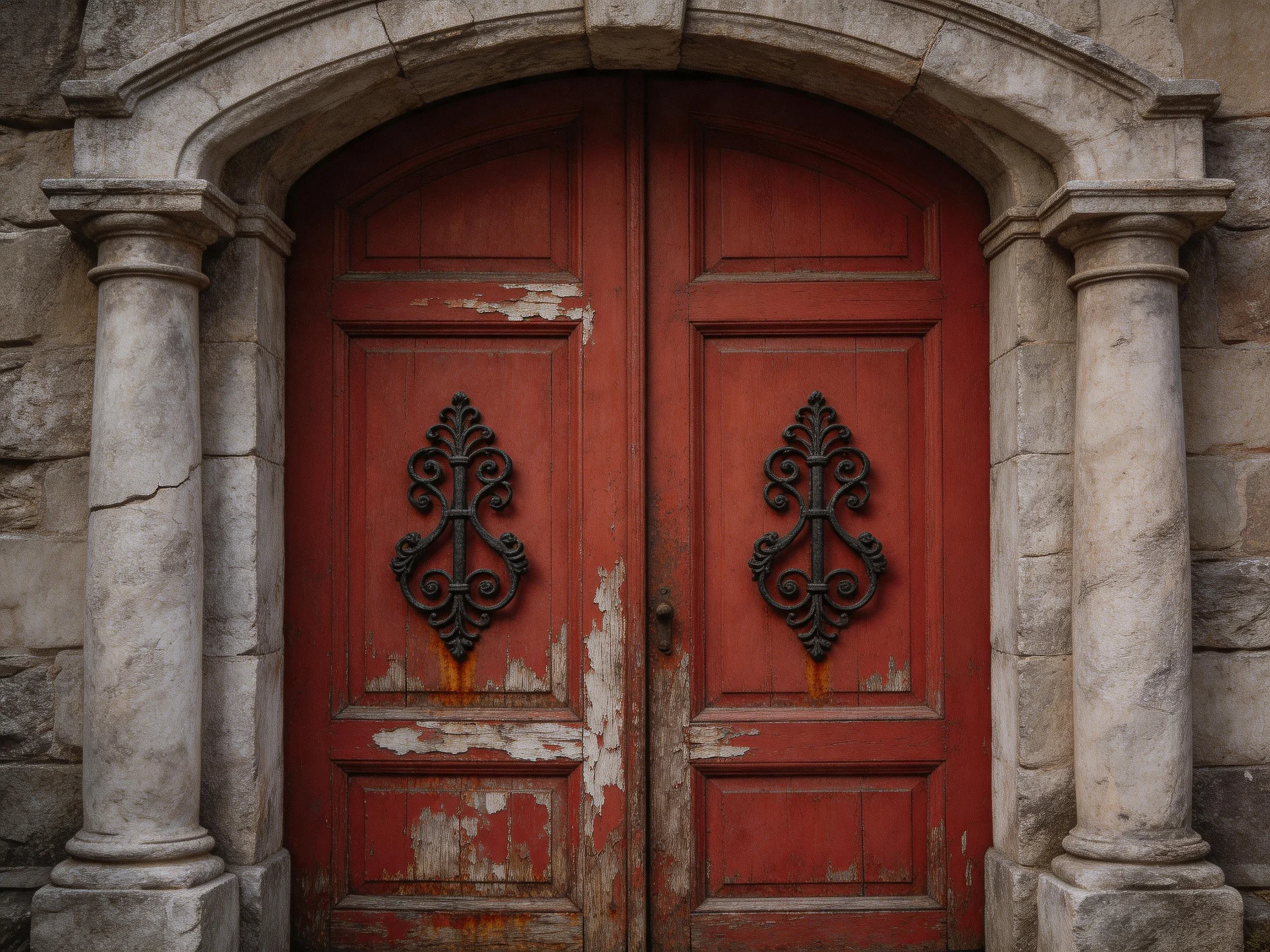 A weathered red double door with ornate iron details in an arched stone frame
