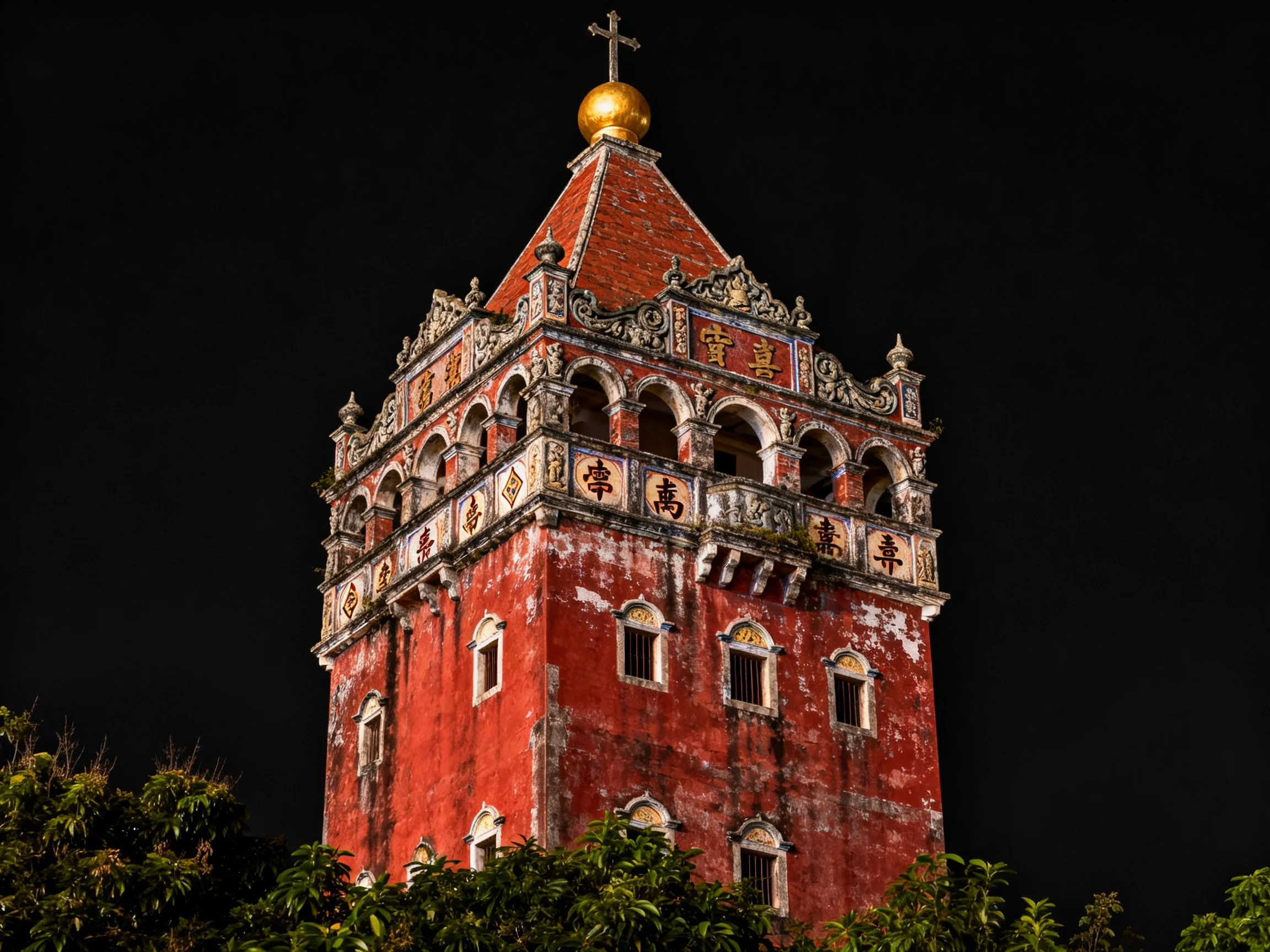 A weathered red historic tower with ornate architectural details