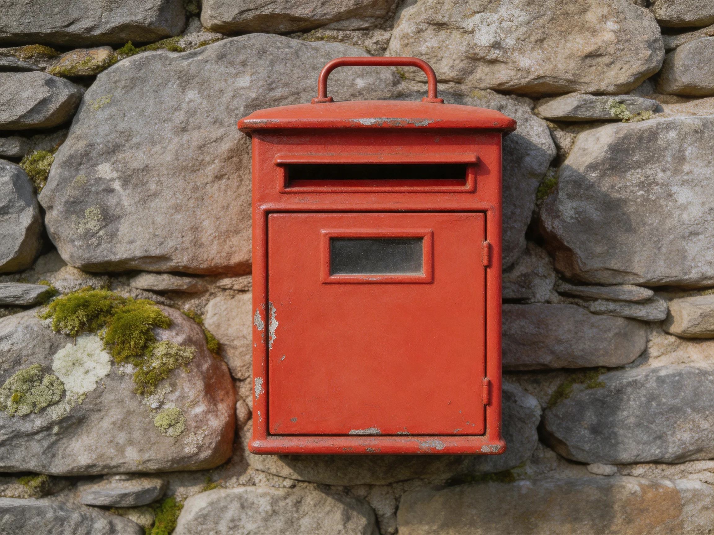 A weathered red mailbox attached to a moss-covered stone wall