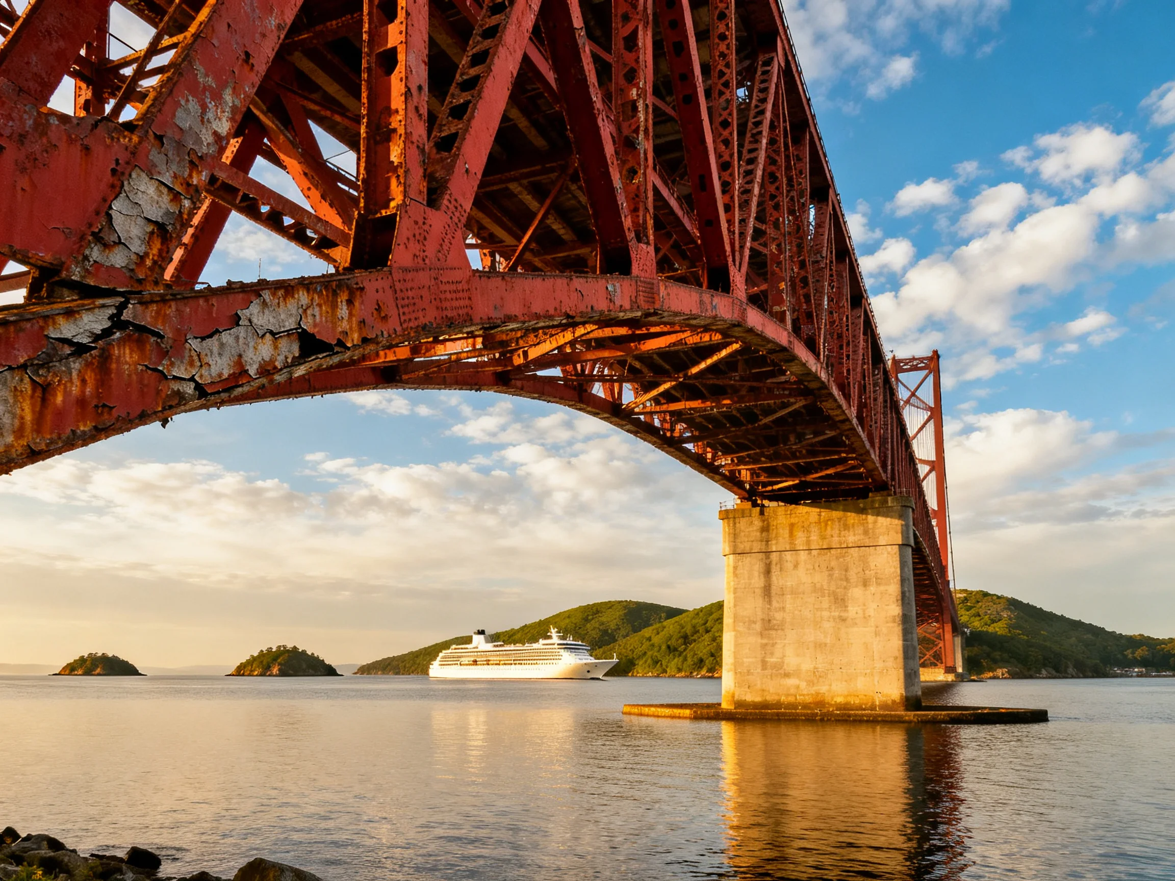 A weathered red steel bridge spans over calm waters with a cruise ship
