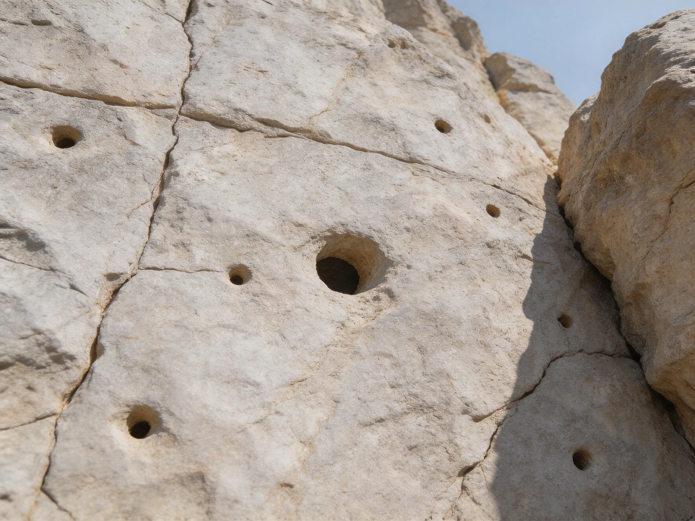 A weathered rock face with numerous small holes, light beige stone