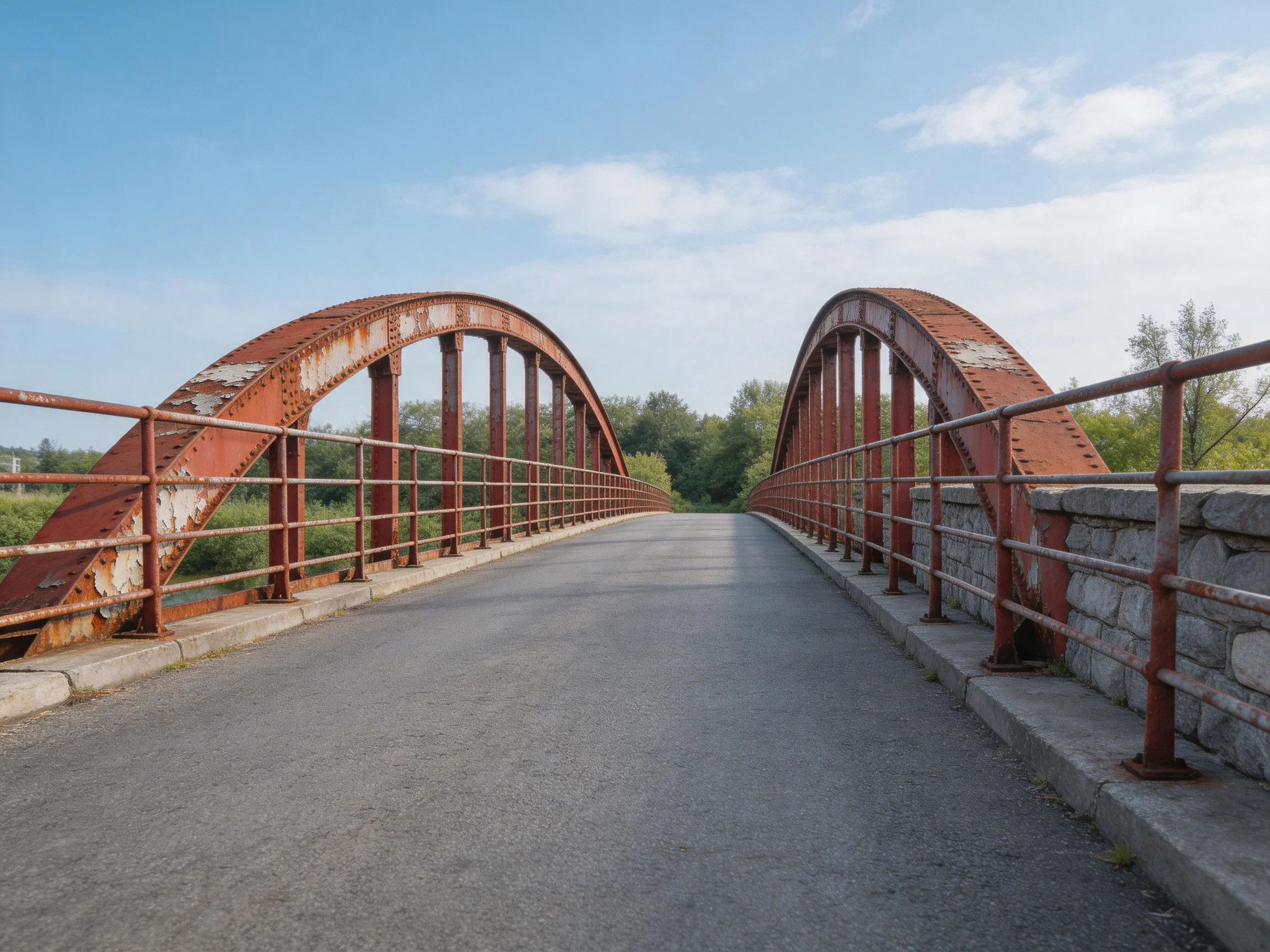 A weathered rust-colored metal arch bridge spans a scenic area