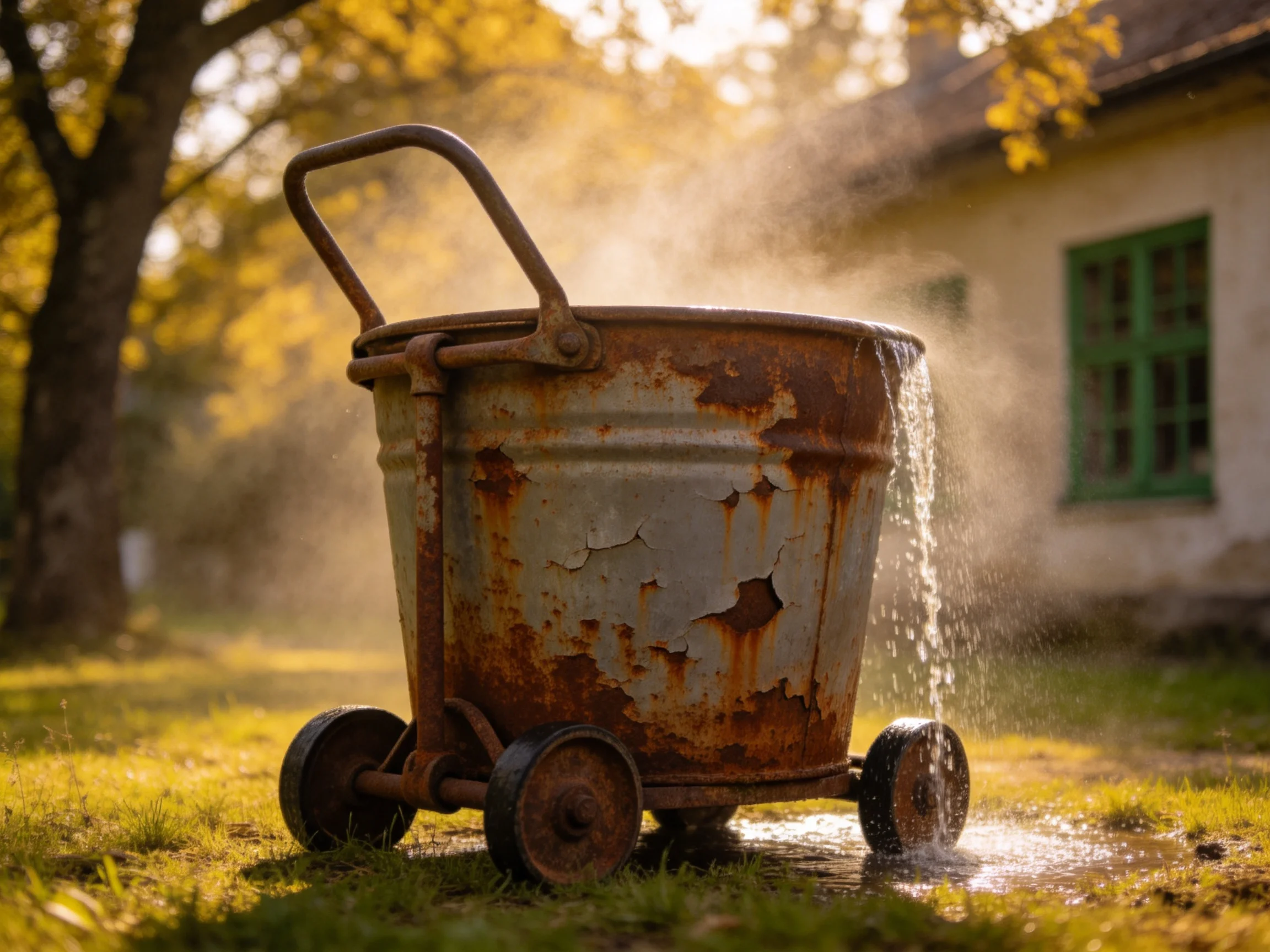 A weathered, rust-covered cart spills water near a white cottage