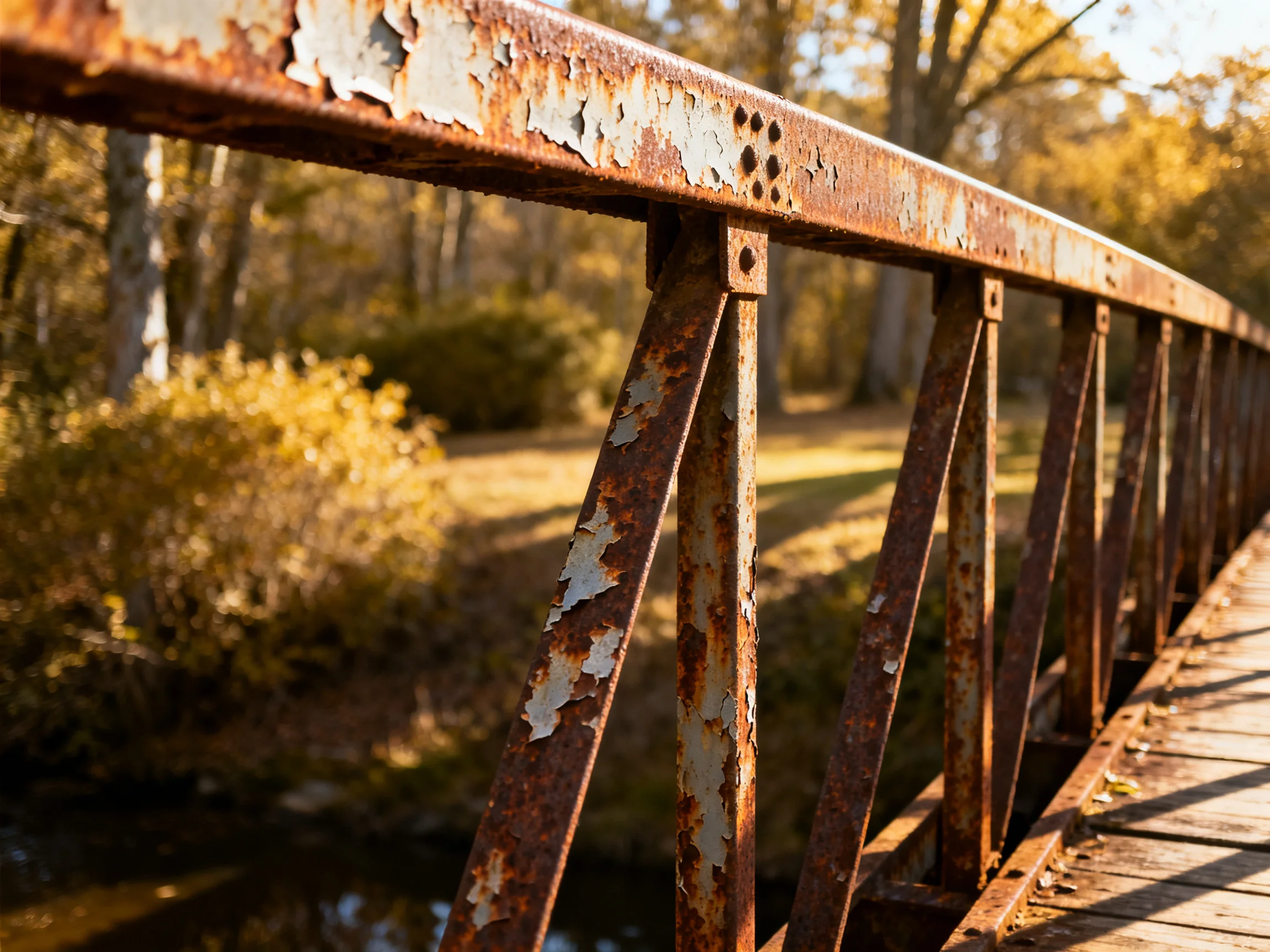 A weathered rust-covered metal bridge spans a sunlit stream