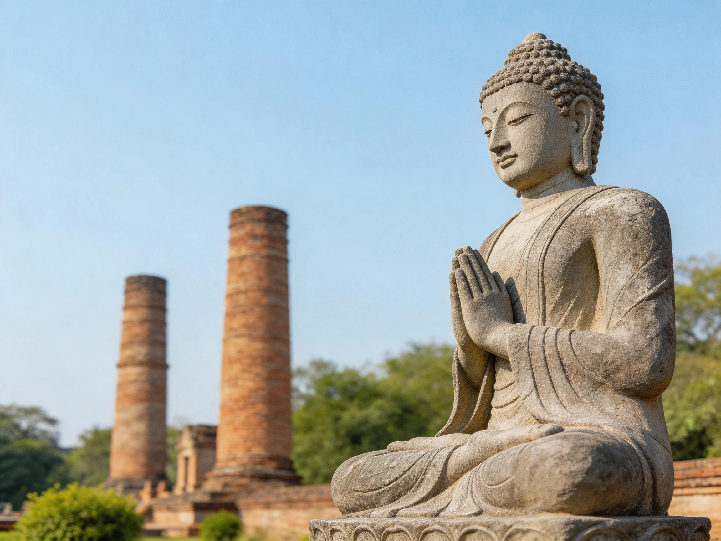 A weathered stone Buddha statue near two tall brick towers at ancient ruins