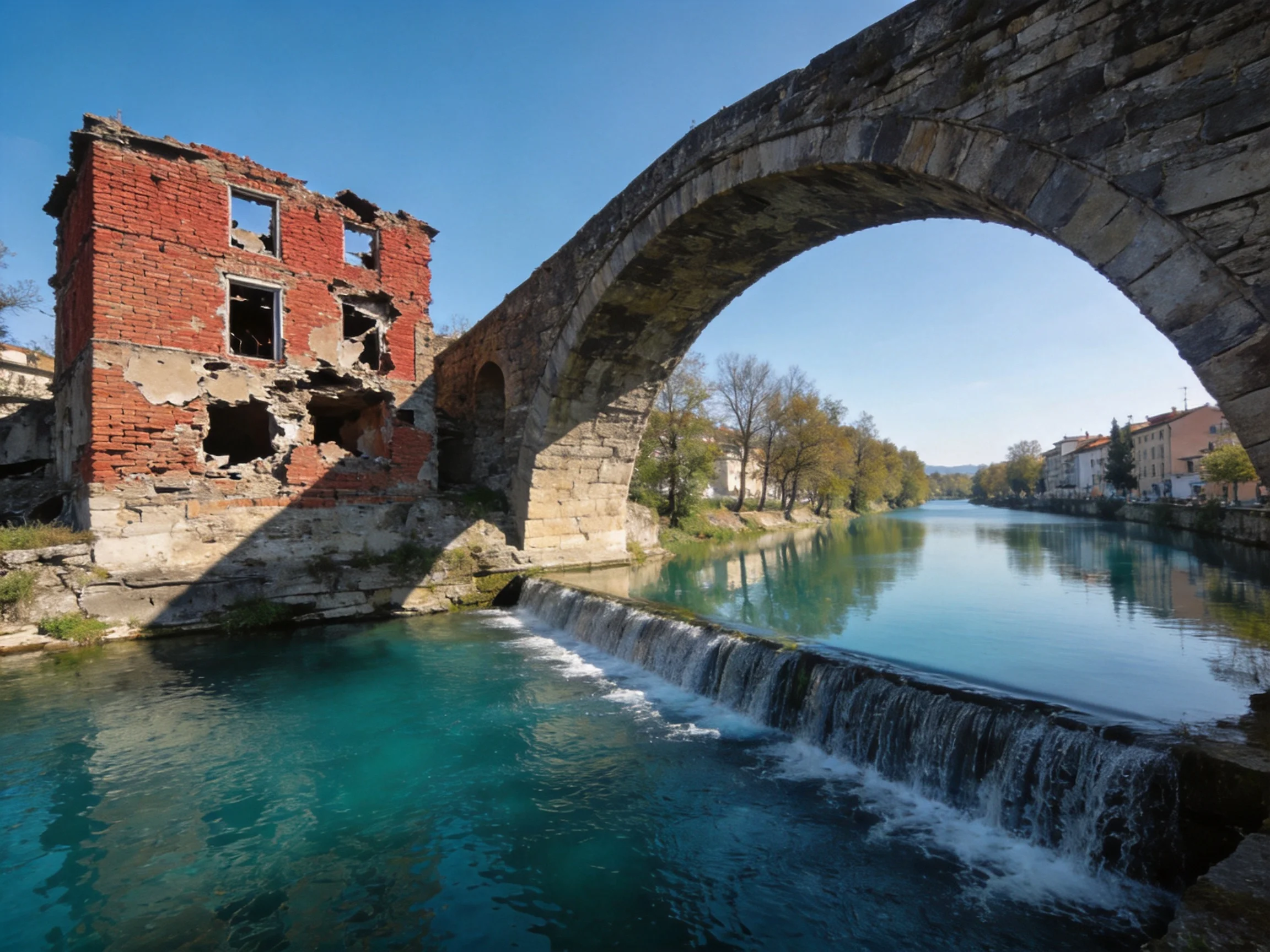 A weathered stone bridge spans turquoise water near a crumbling red-brick structure