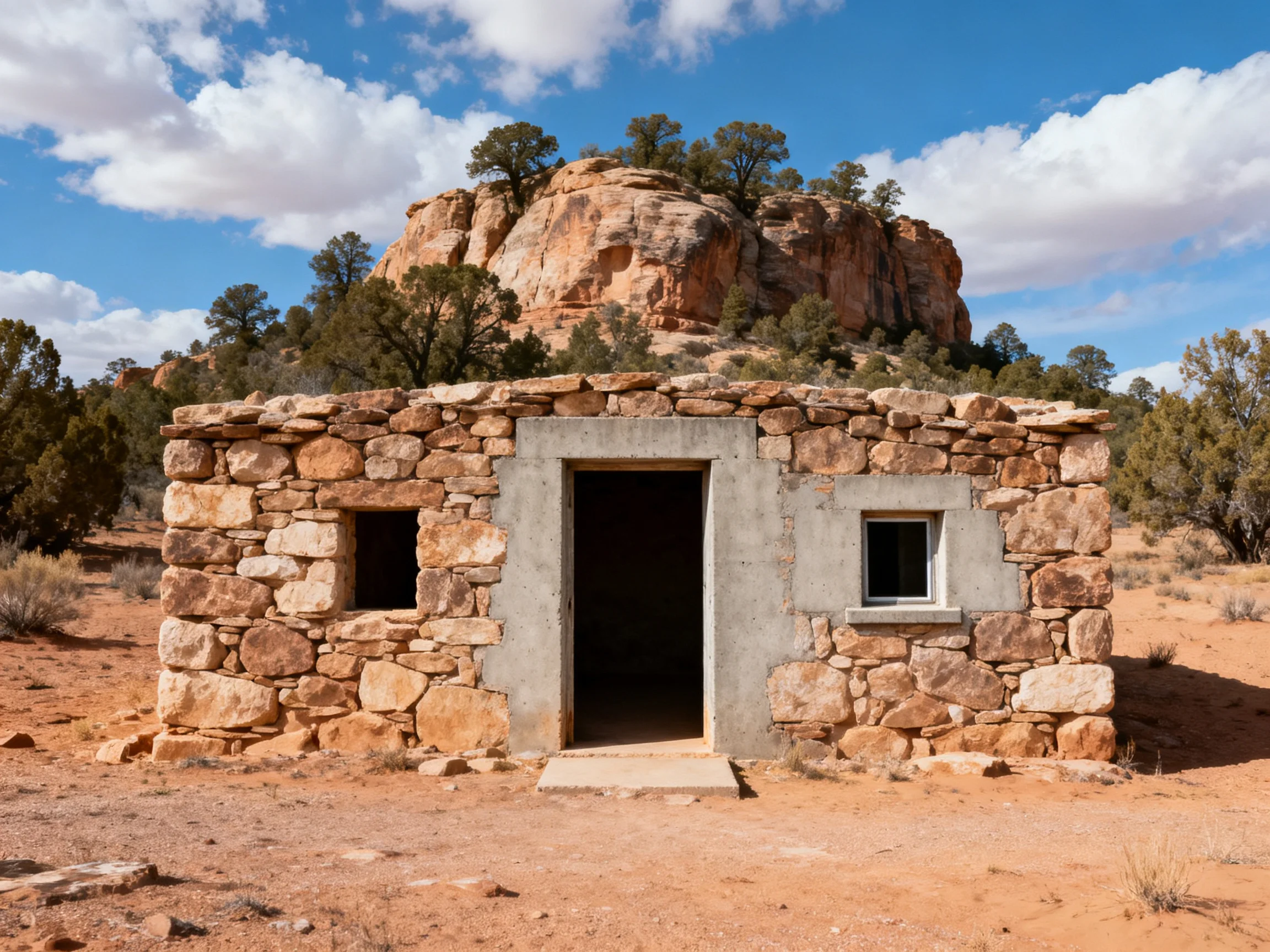 A weathered stone cabin near a rocky hilltop under partly cloudy sky