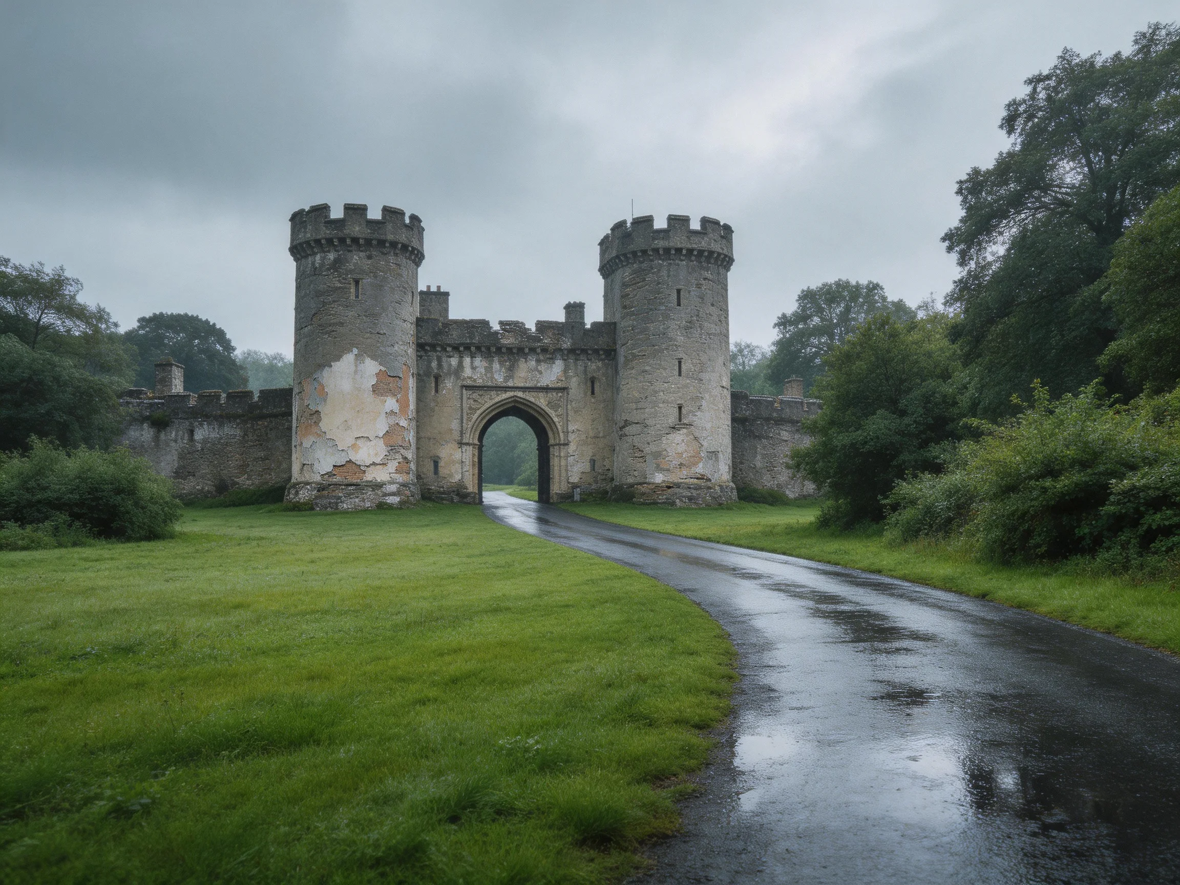 A weathered stone castle gate with two towers near lush greenery