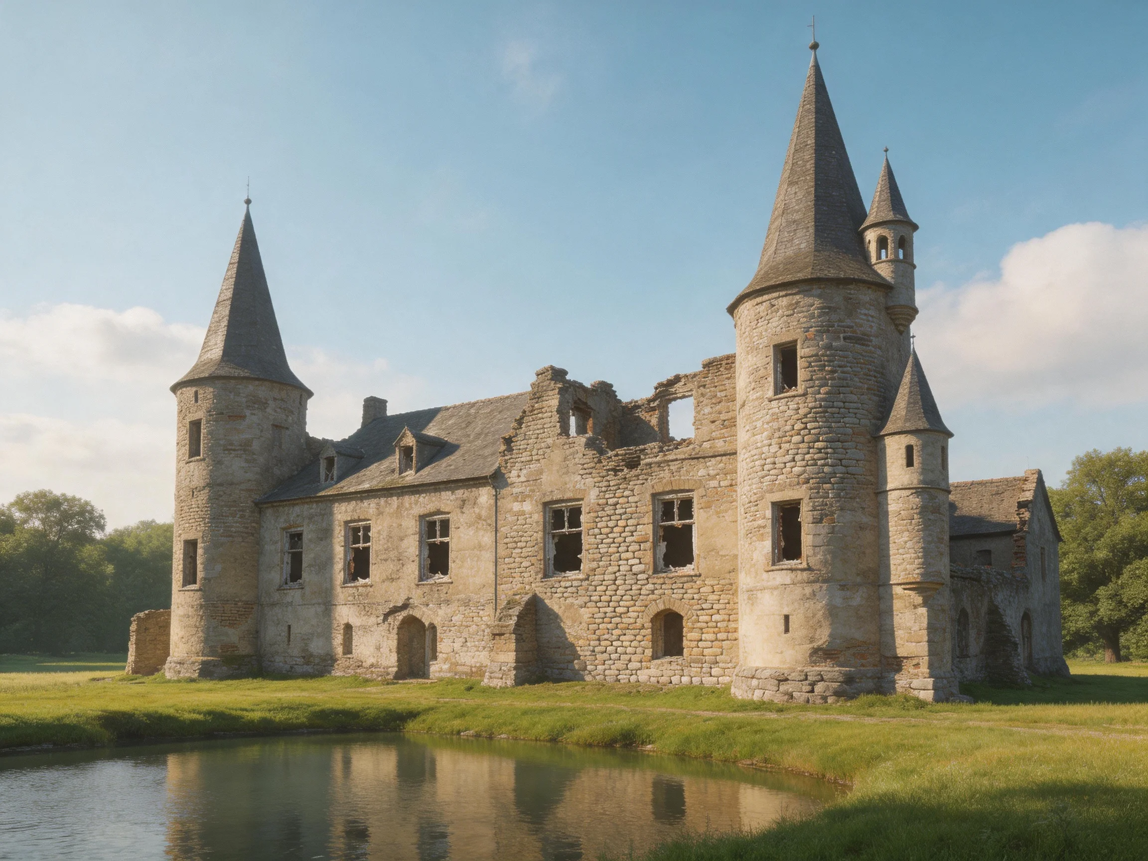 A weathered stone castle ruin with multiple towers by a serene pond