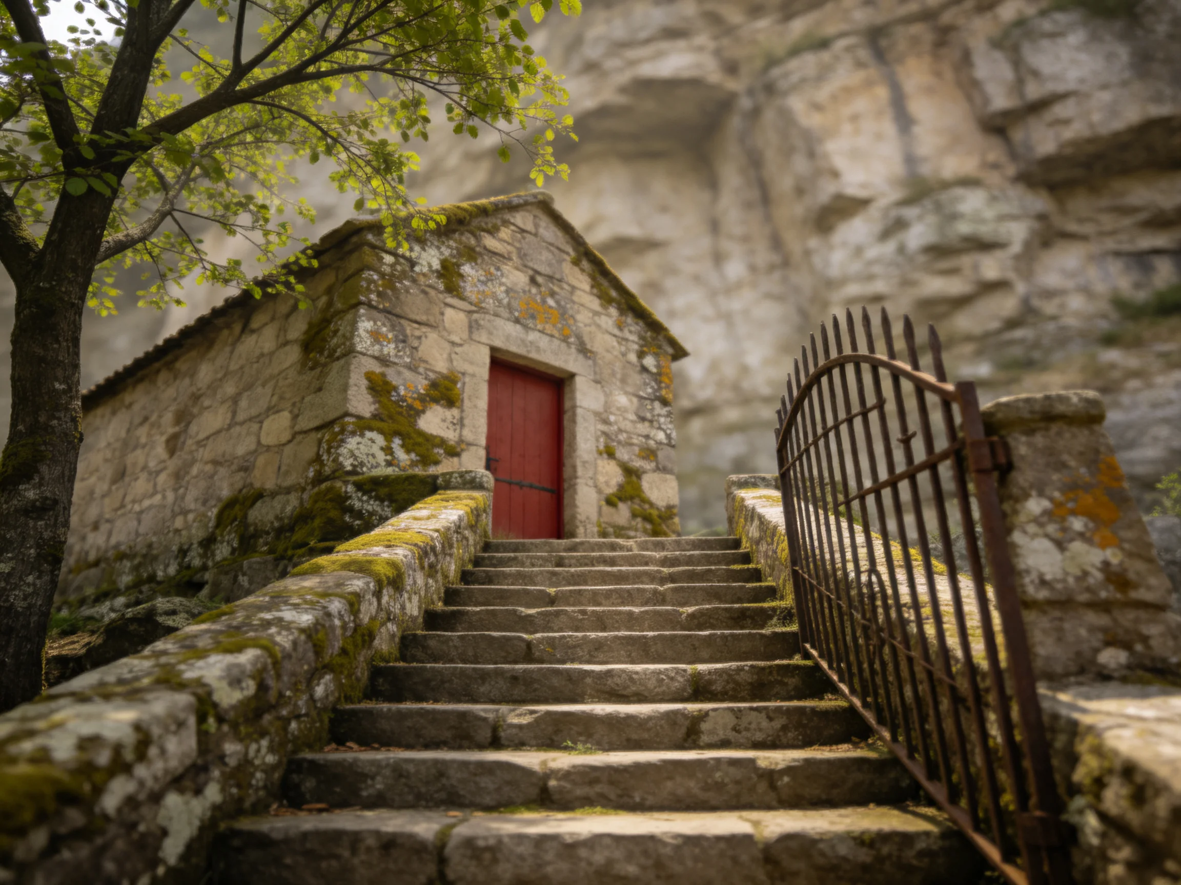 A weathered stone chapel with a bright red door near a rocky cliff