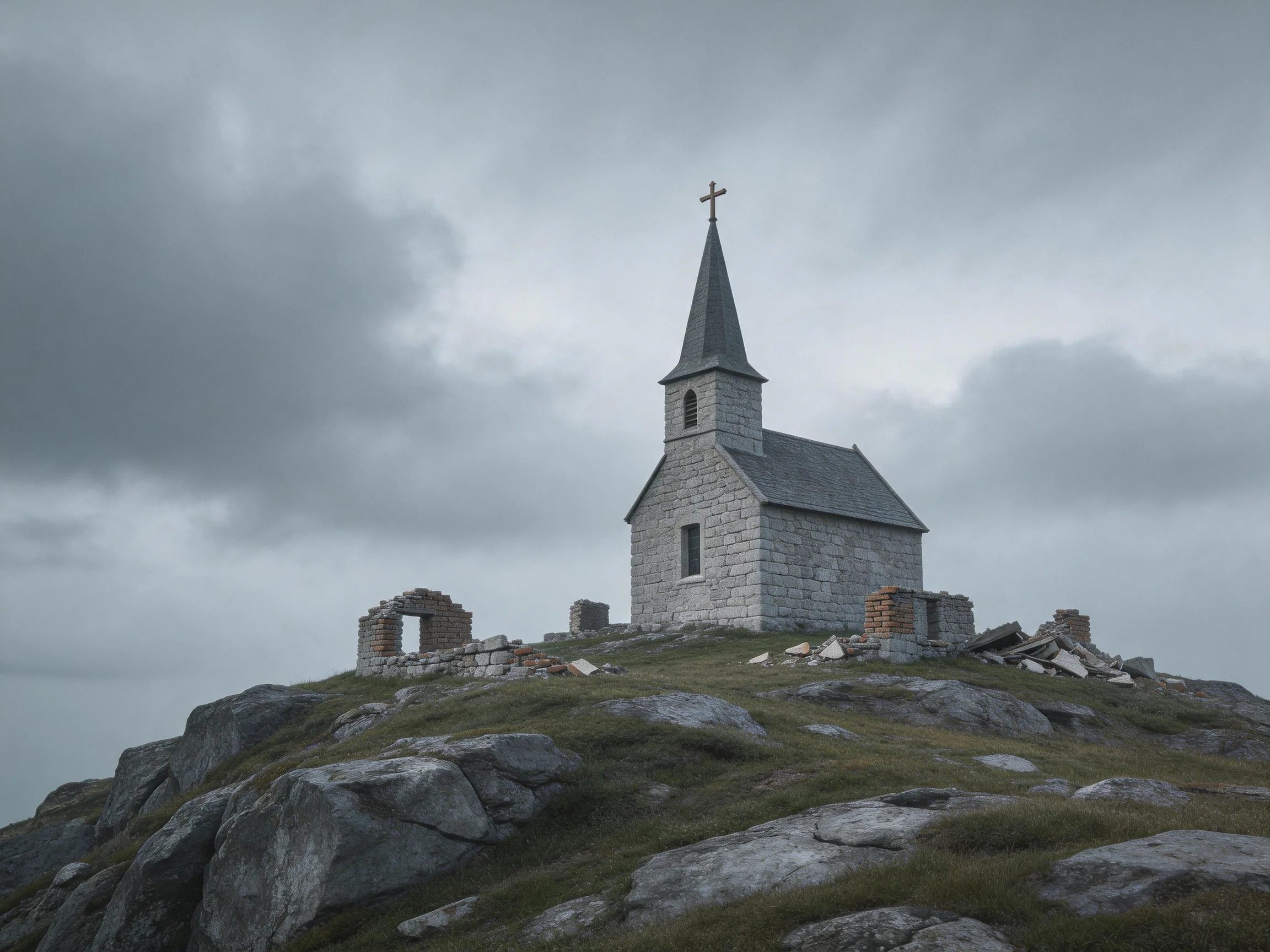A weathered stone church atop a rocky hill under overcast skies