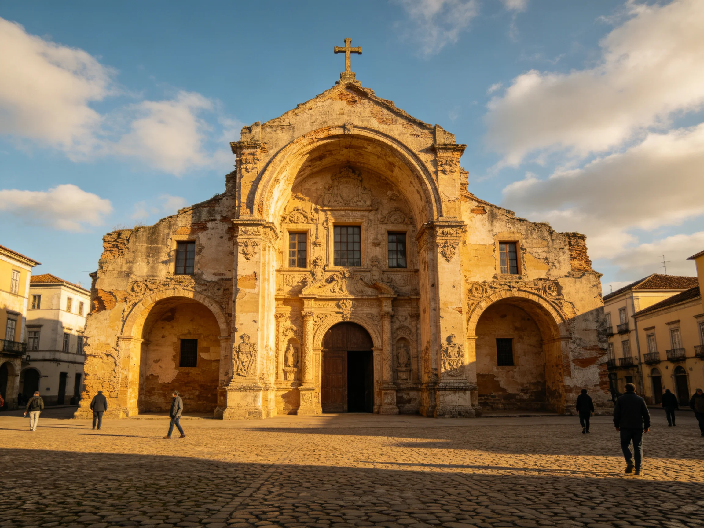 A weathered stone church ruin illuminated by golden-hour sunlight