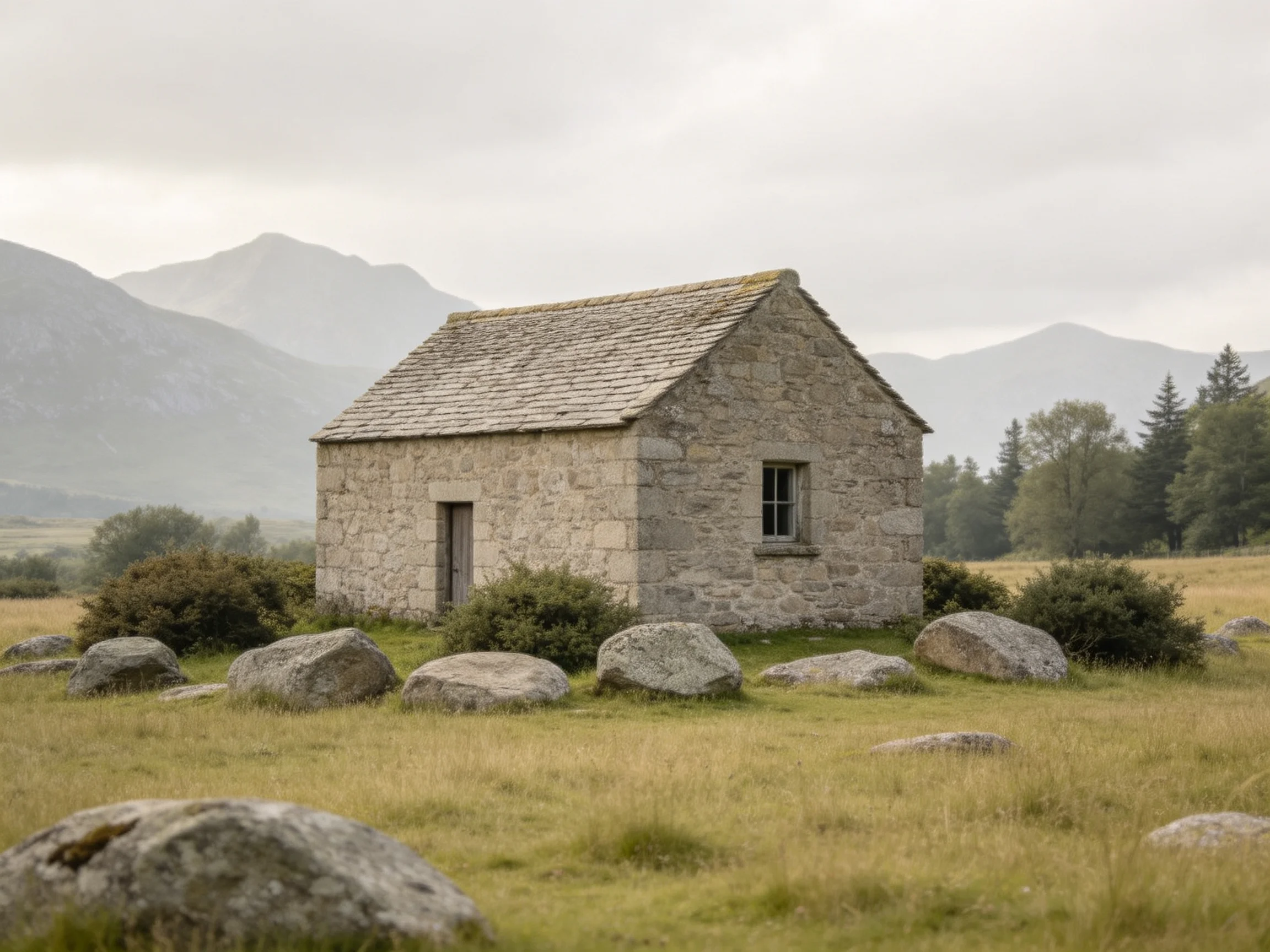 A weathered stone cottage with large boulders near misty mountains