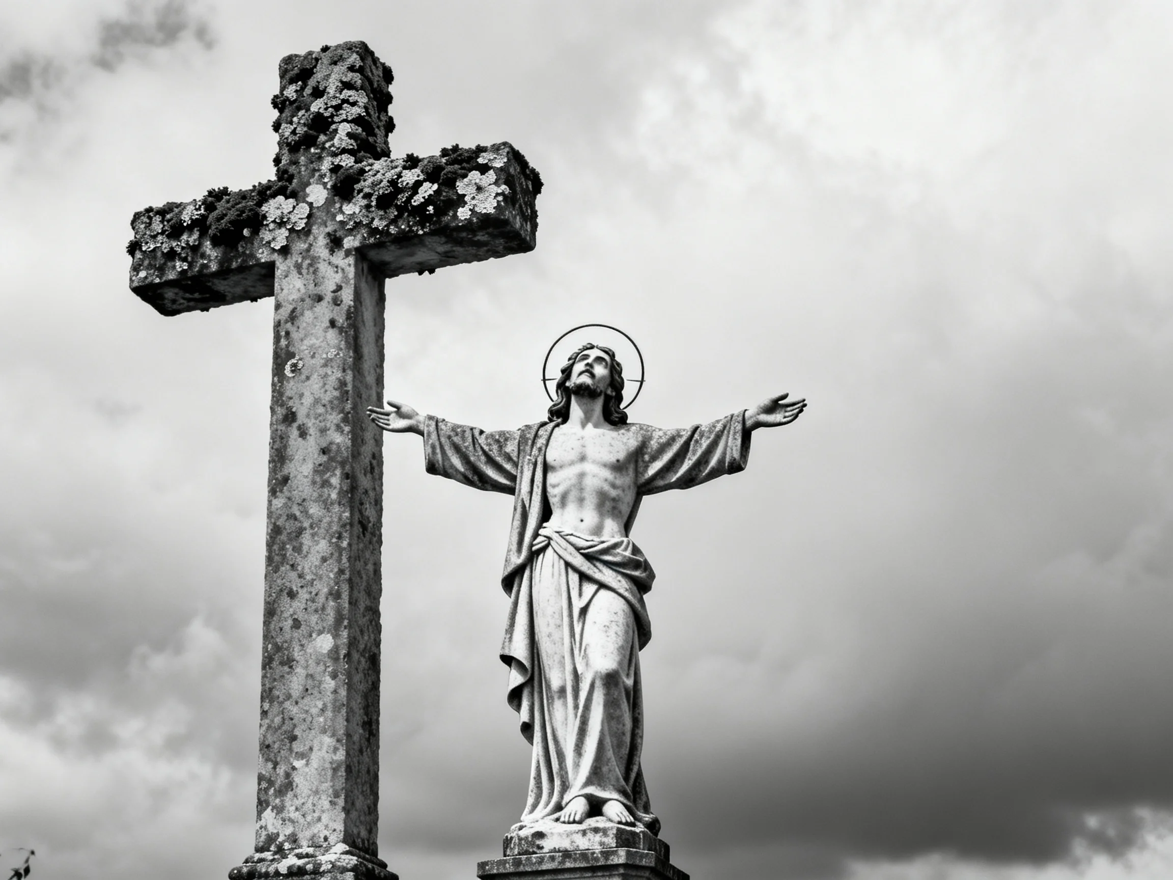 A weathered stone cross beside an outstretched Jesus statue in monochrome