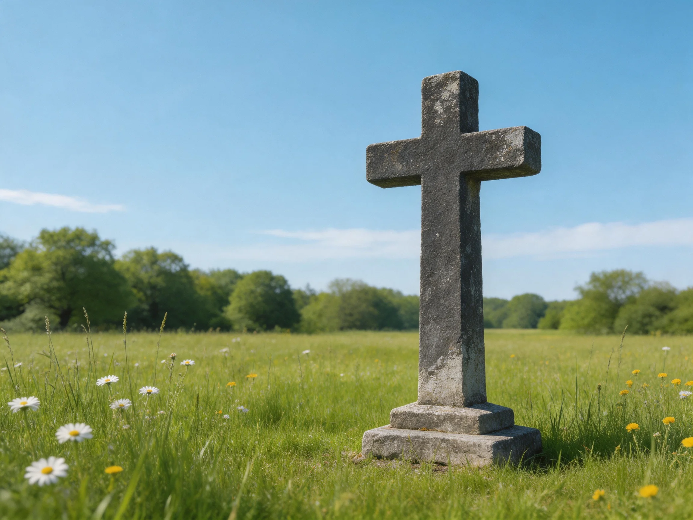 A weathered stone cross stands in a sunny meadow with wildflowers
