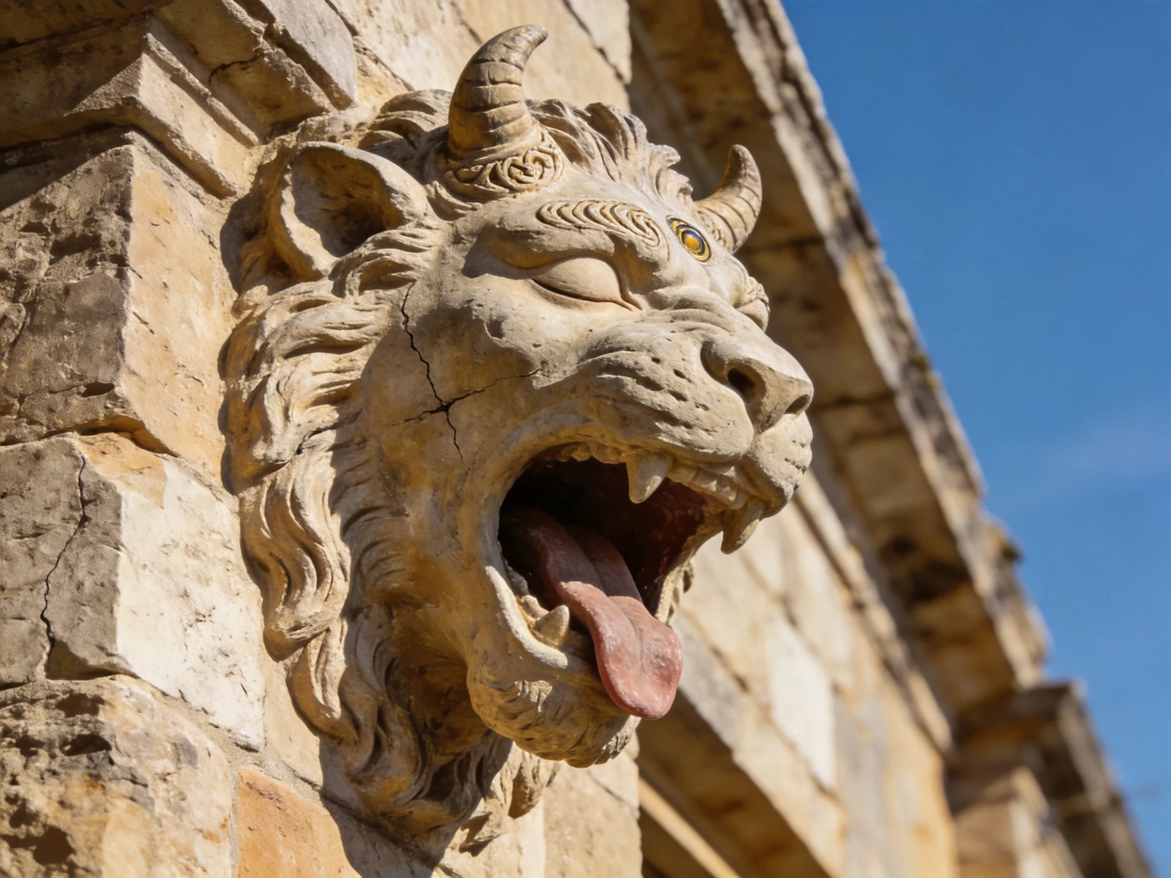 A weathered stone gargoyle with curved horns adorns an ancient stone structure