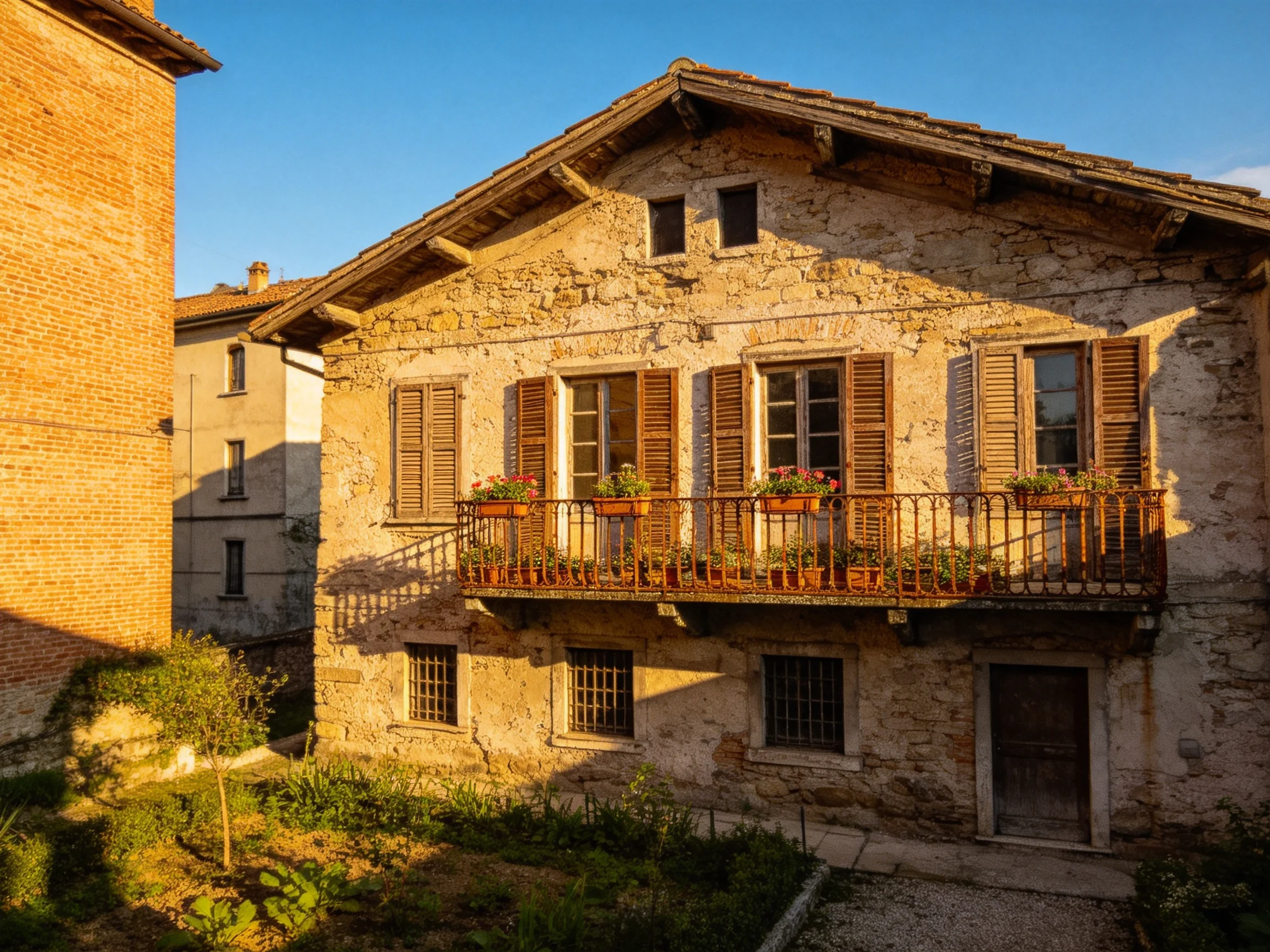 A weathered stone house with wooden shutters and flower-filled balcony