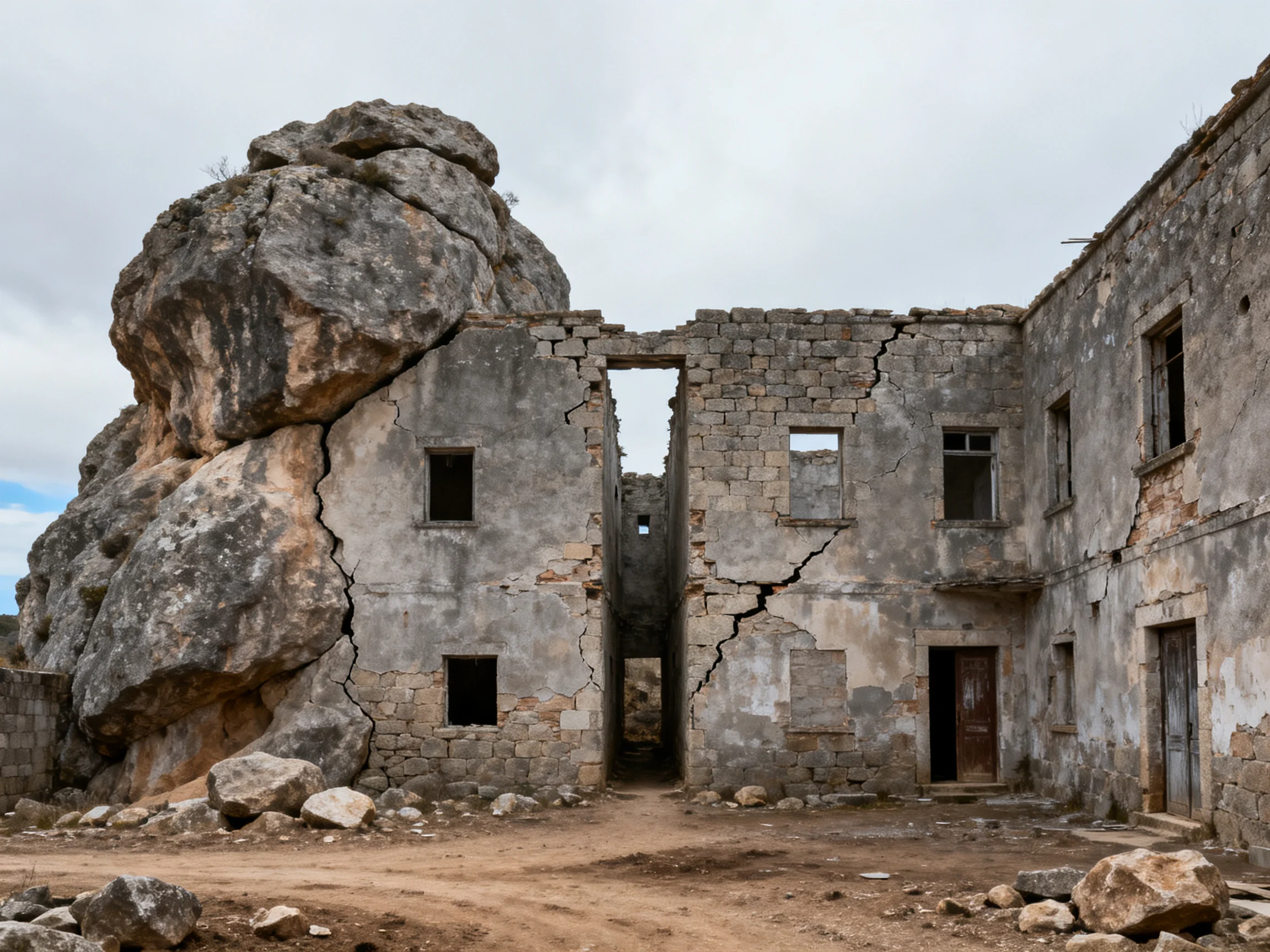 A weathered stone ruin with massive boulder adjacent