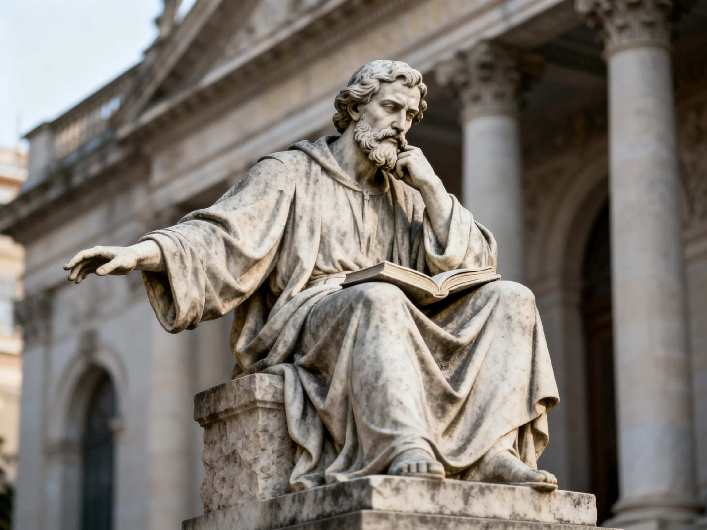A weathered stone statue of a contemplative scholar with an open book