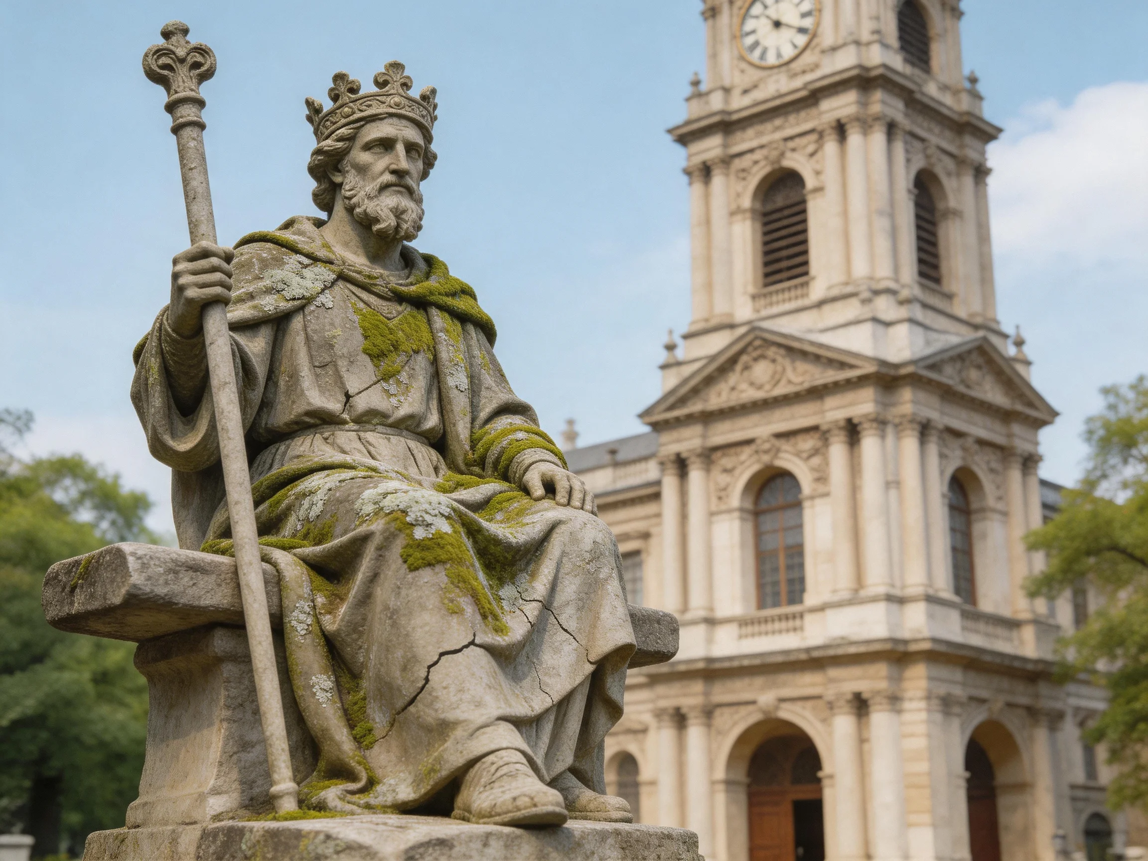 A weathered stone statue of a crowned figure beside an ornate clock tower