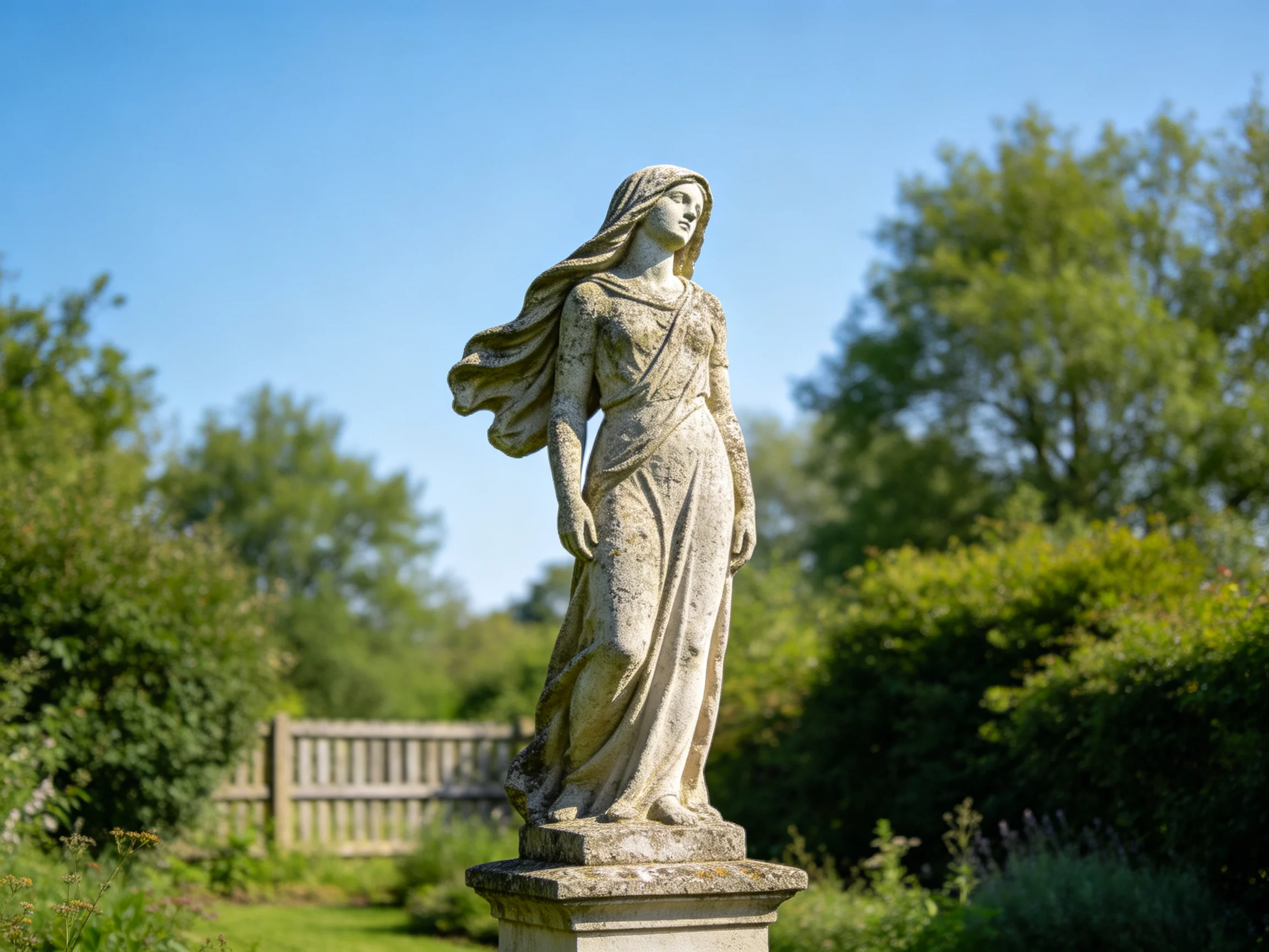A weathered stone statue of a woman in a lush garden