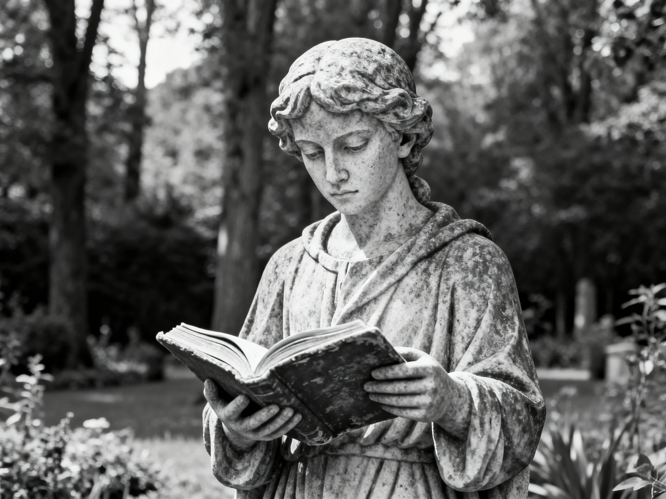 A weathered stone statue reading an open book in a wooded area