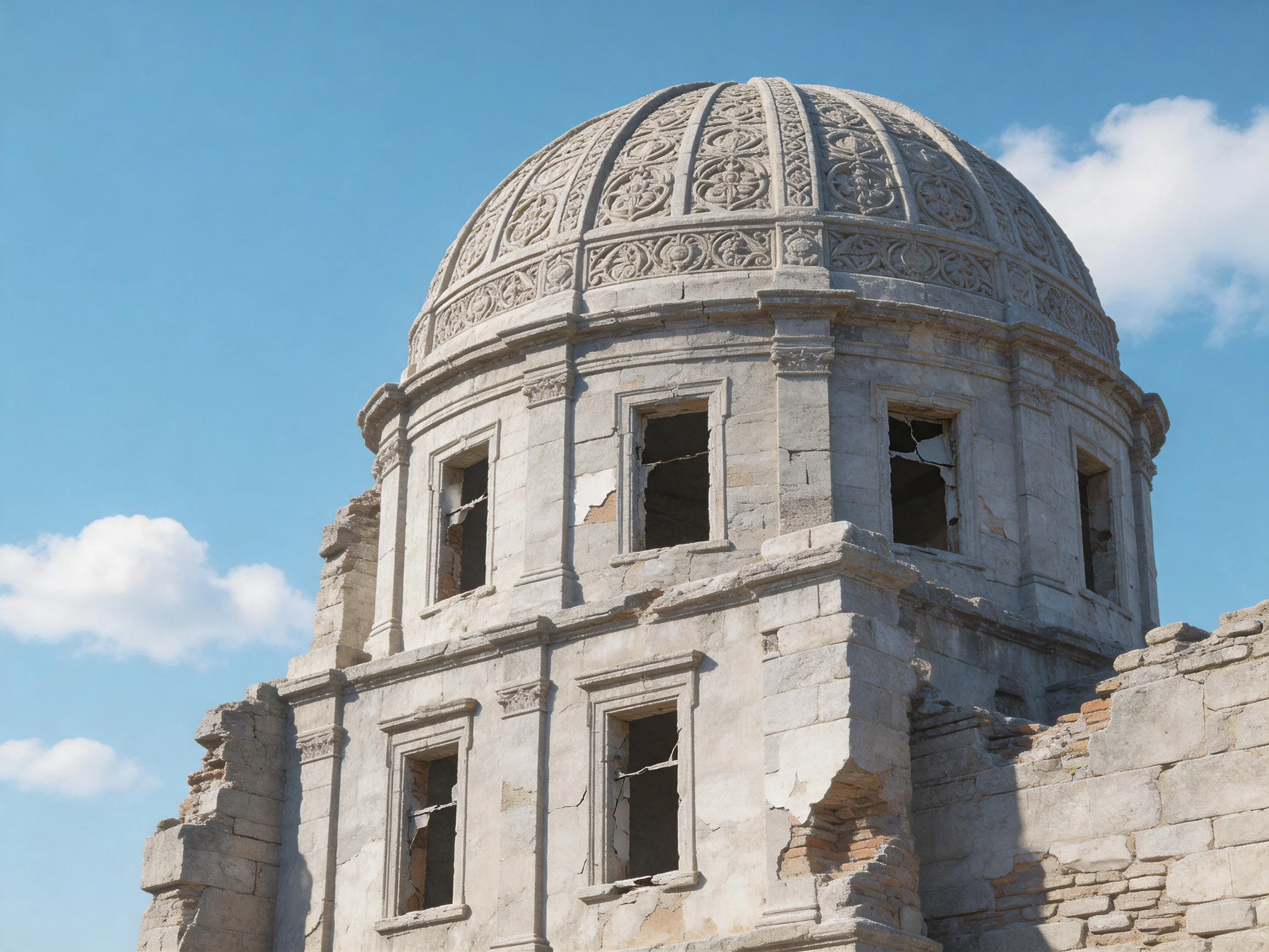 A weathered stone structure with ornate dome and broken windows against clear blue sky