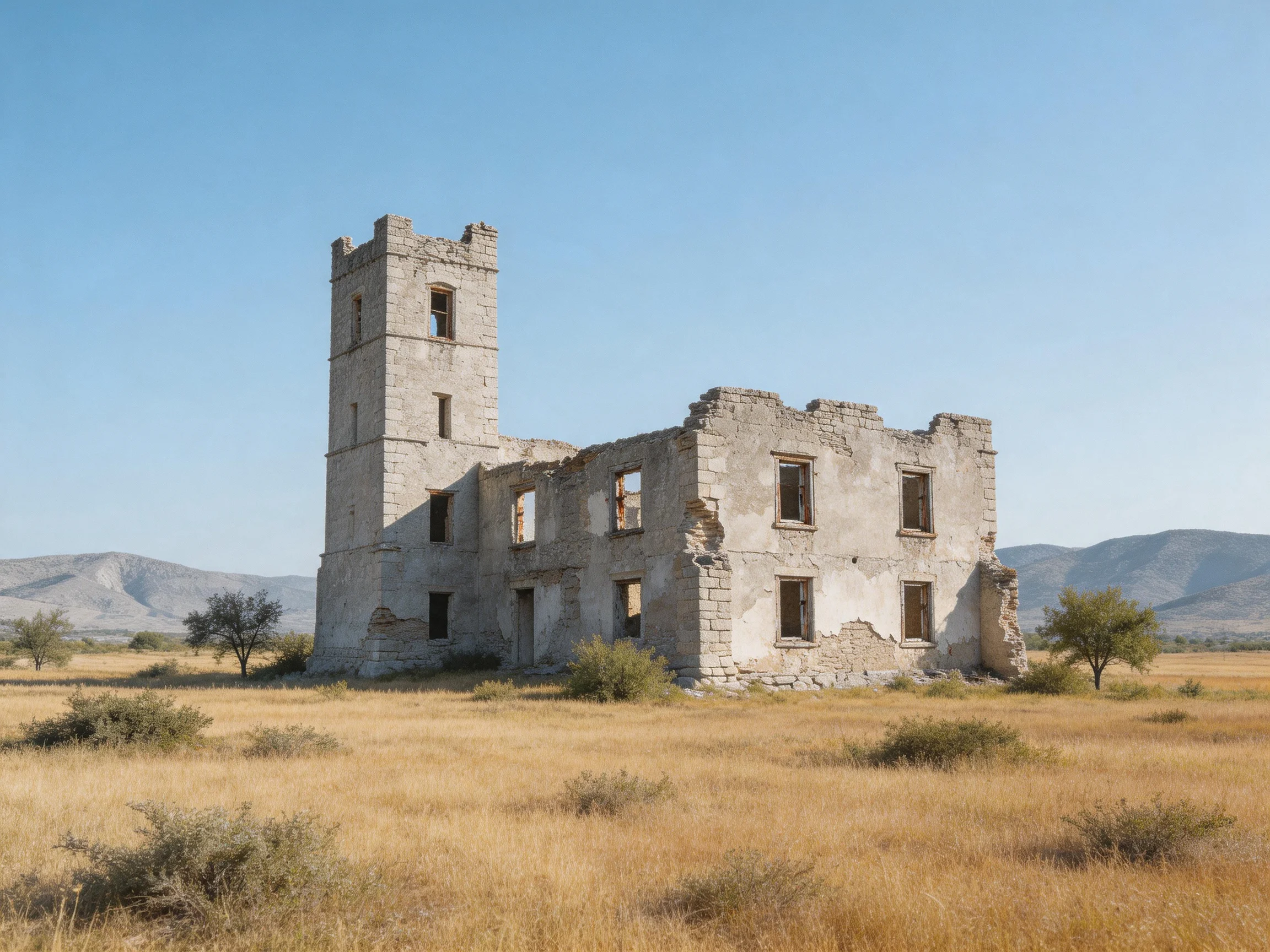 A weathered stone tower and ruined house stand in golden fields