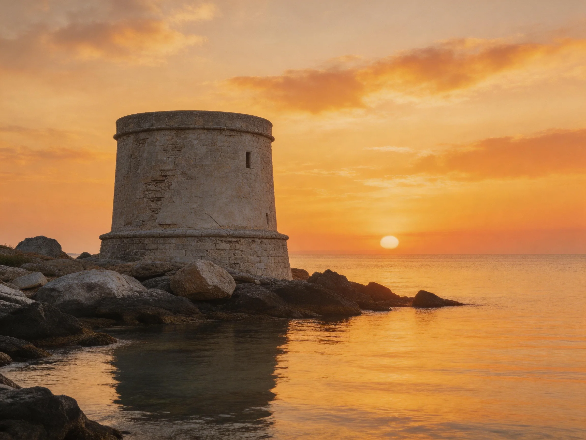 A weathered stone tower sits by rocky shores at golden sunset