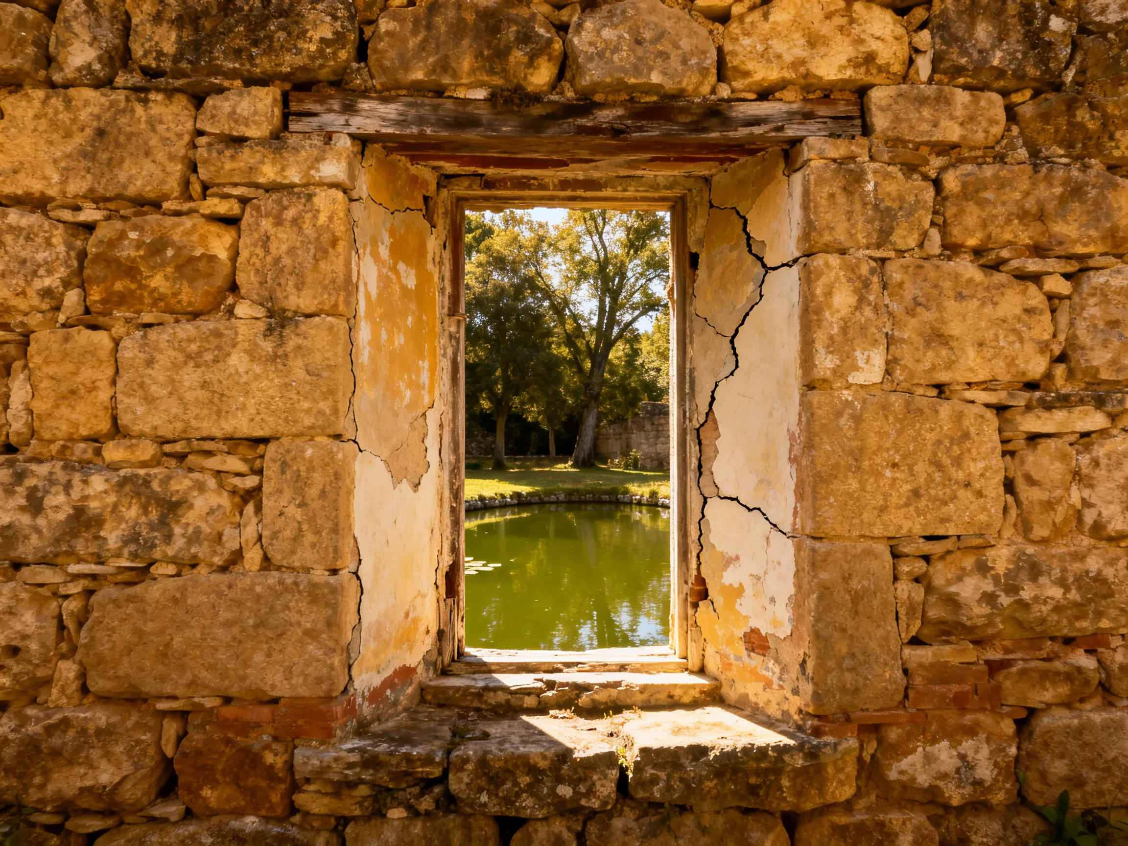 A weathered stone wall frames a view of a green pond and trees