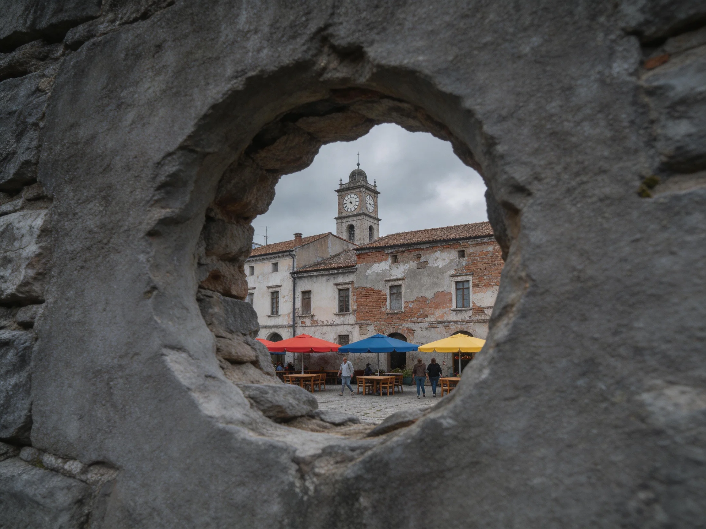 A weathered stone wall hole frames a square with colorful umbrellas and old buildings
