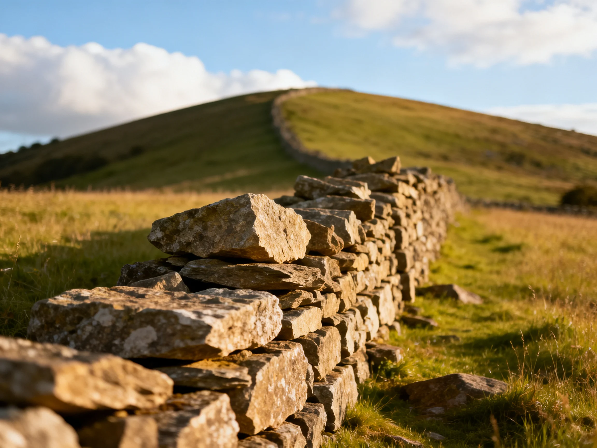 A weathered stone wall stretches toward a rolling green hillside