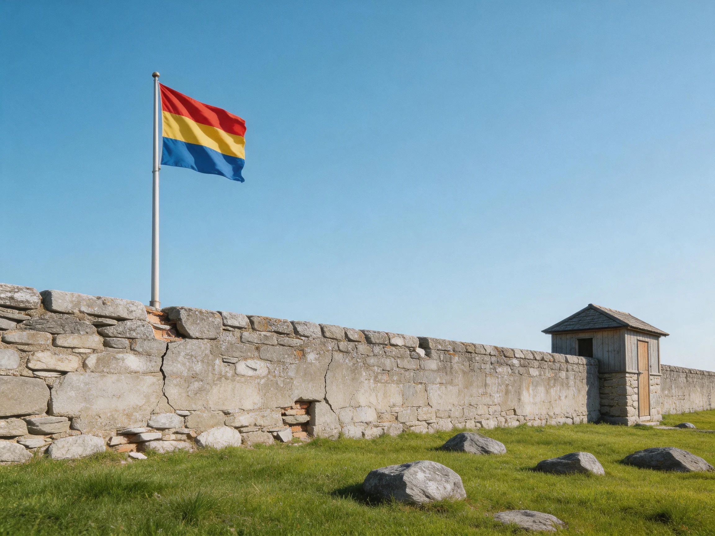 A weathered stone wall with a tricolor flag and wooden structure