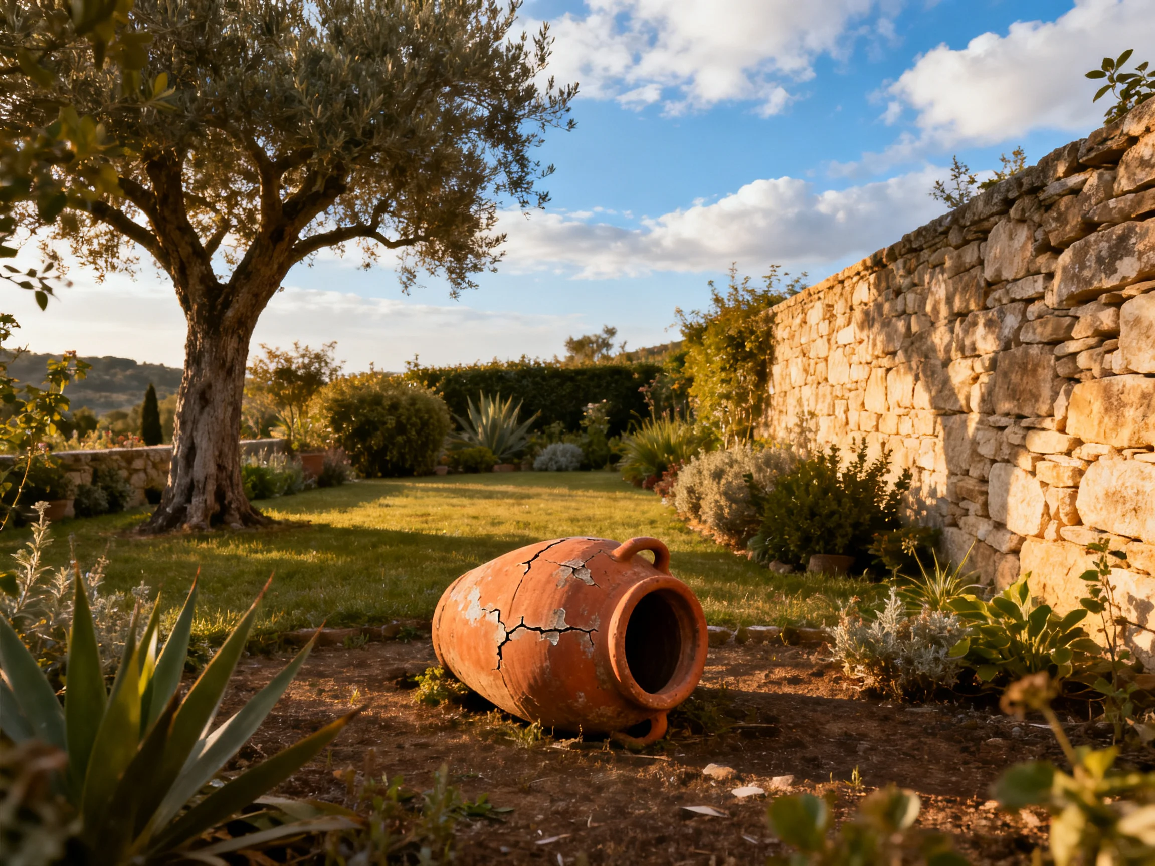 A weathered terracotta pot lies beside a stone wall in a sun-drenched garden