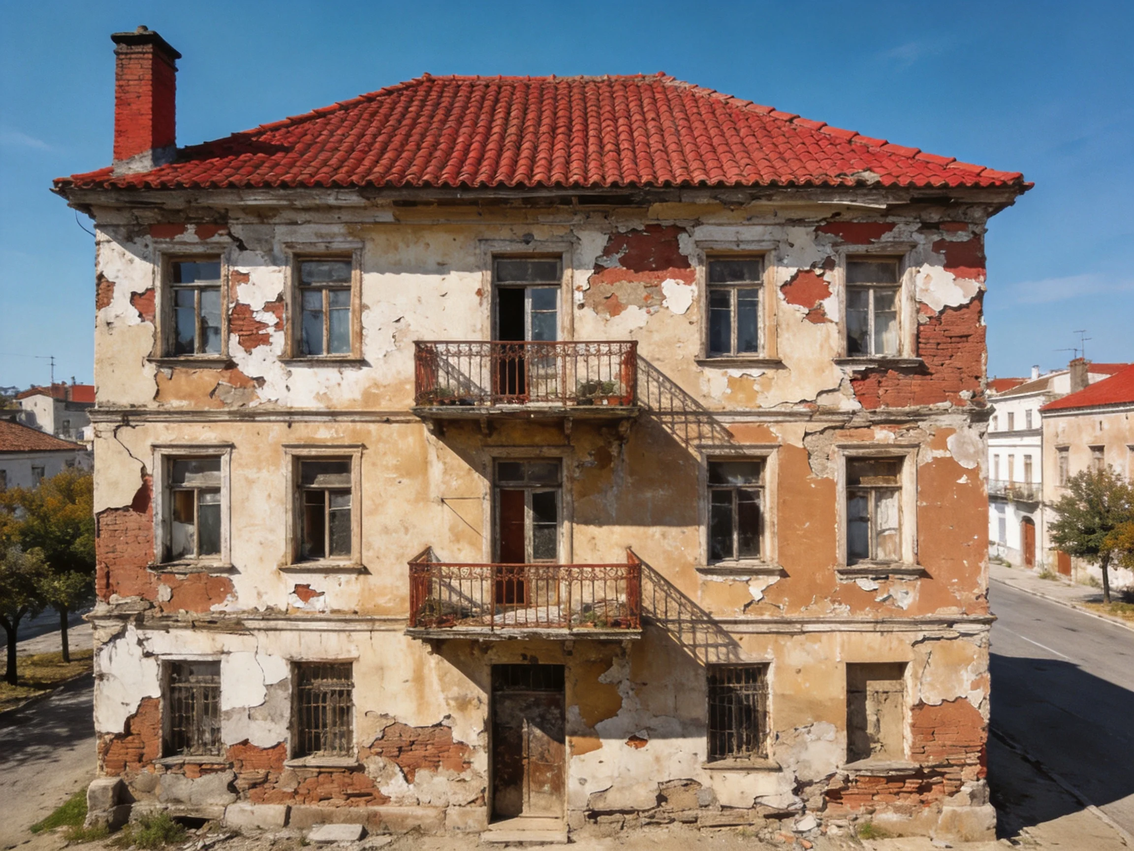 A weathered three - story building with peeling paint and red tile roof