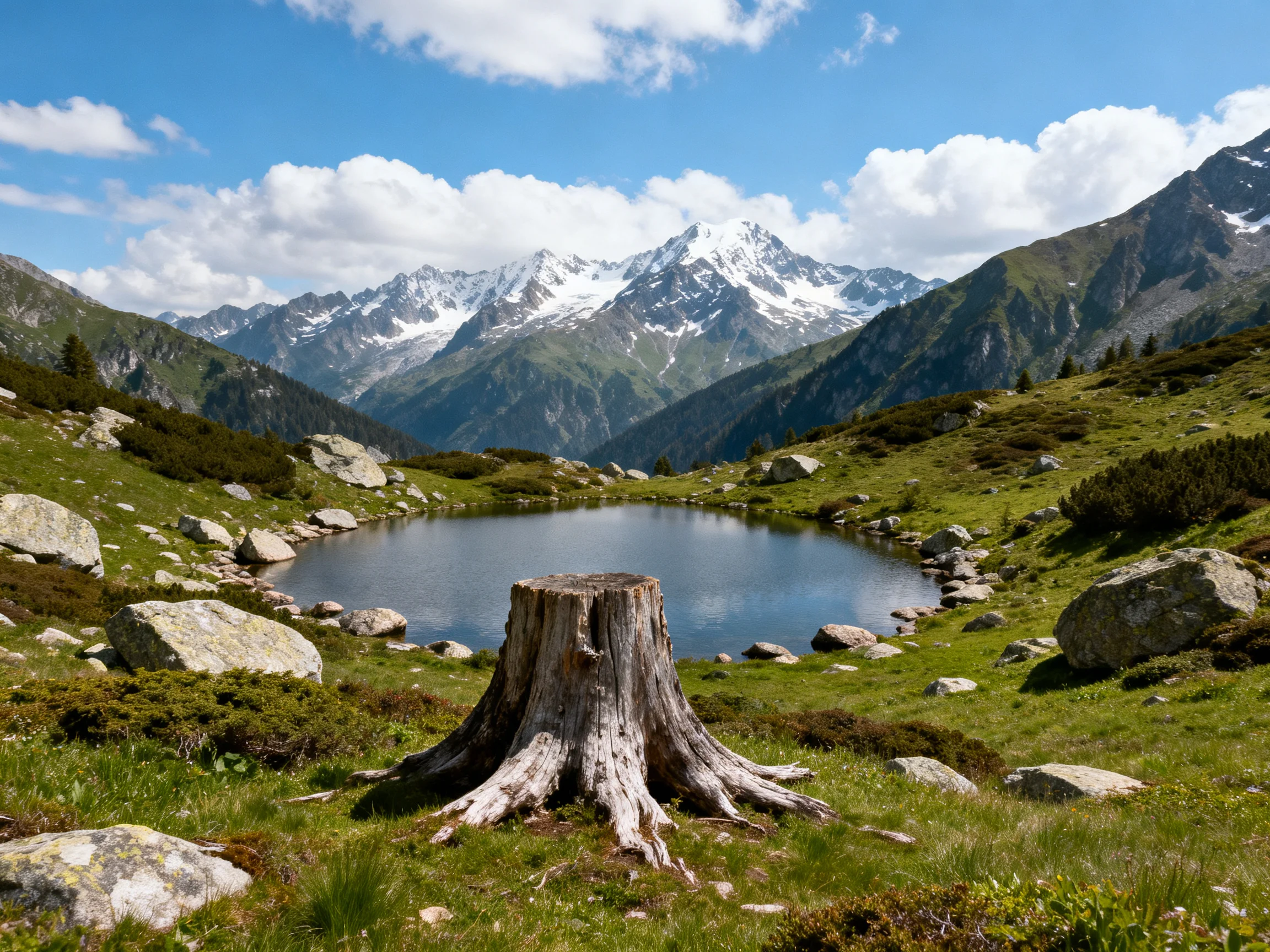A weathered tree stump near a serene alpine lake with snow-capped peaks