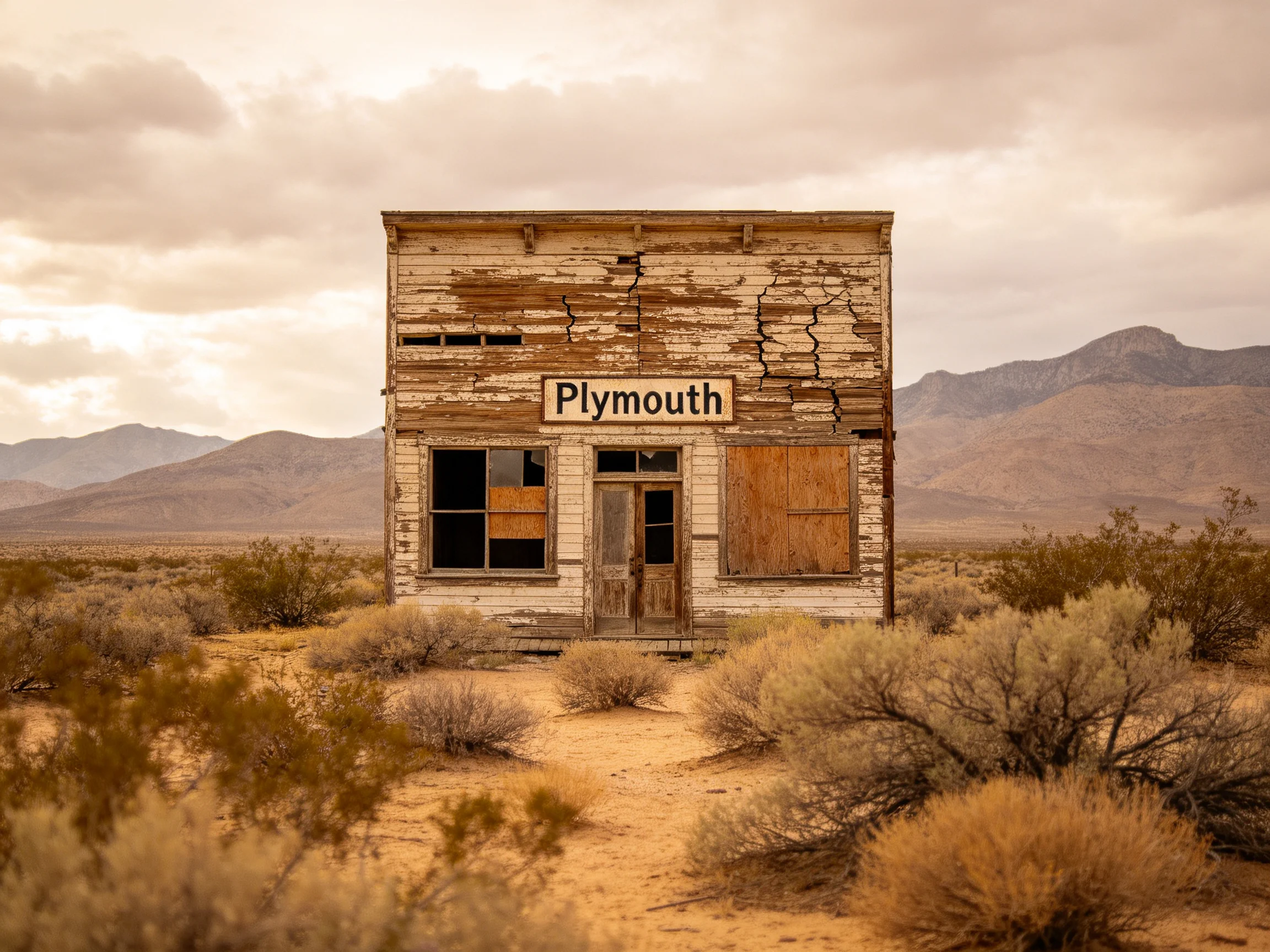 A weathered two - story Plymouth store in a dry desert landscape