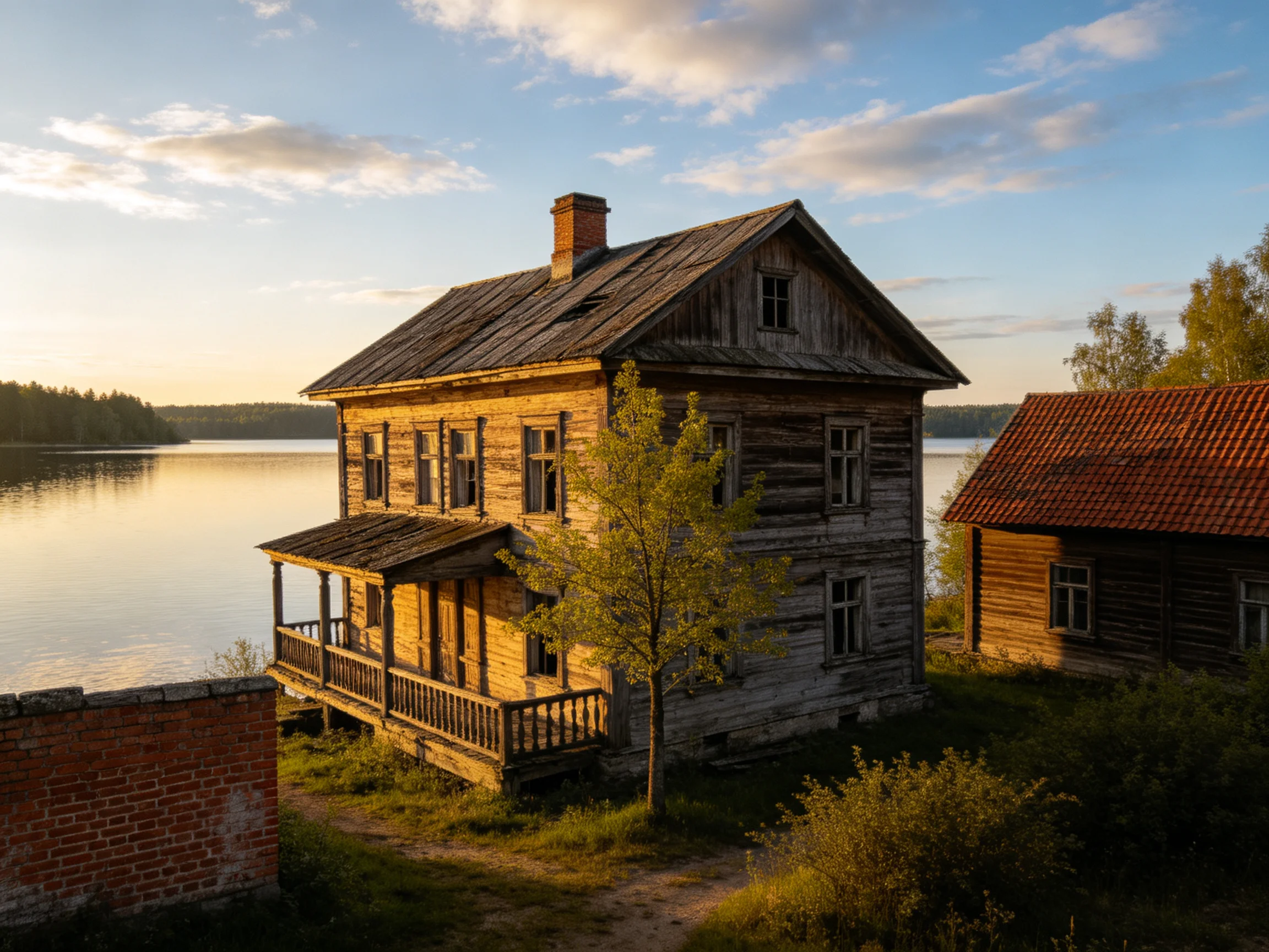 A weathered two - story wooden house by a calm lake at sunset