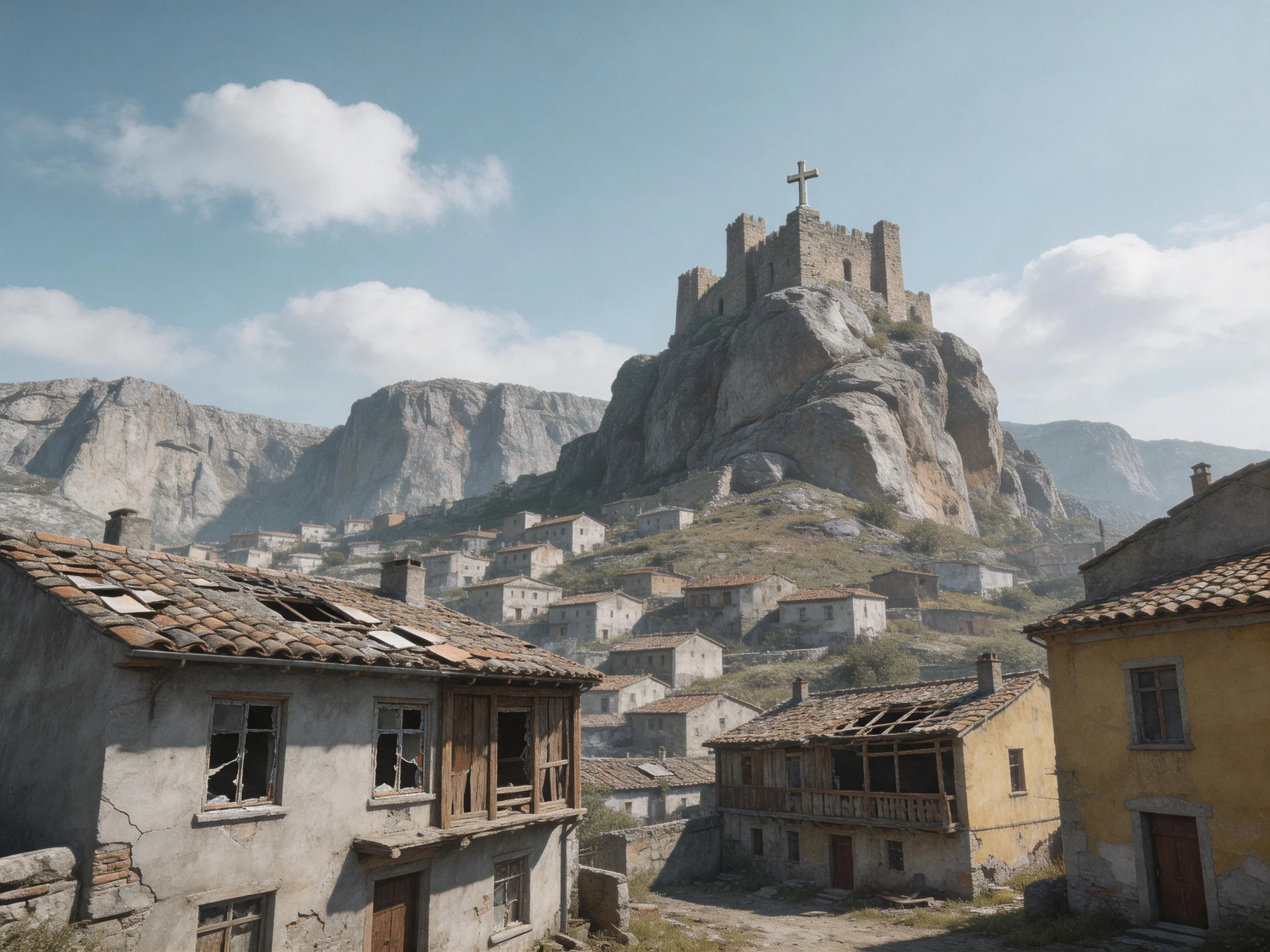 A weathered village with dilapidated homes near a rocky fortress topped by a cross