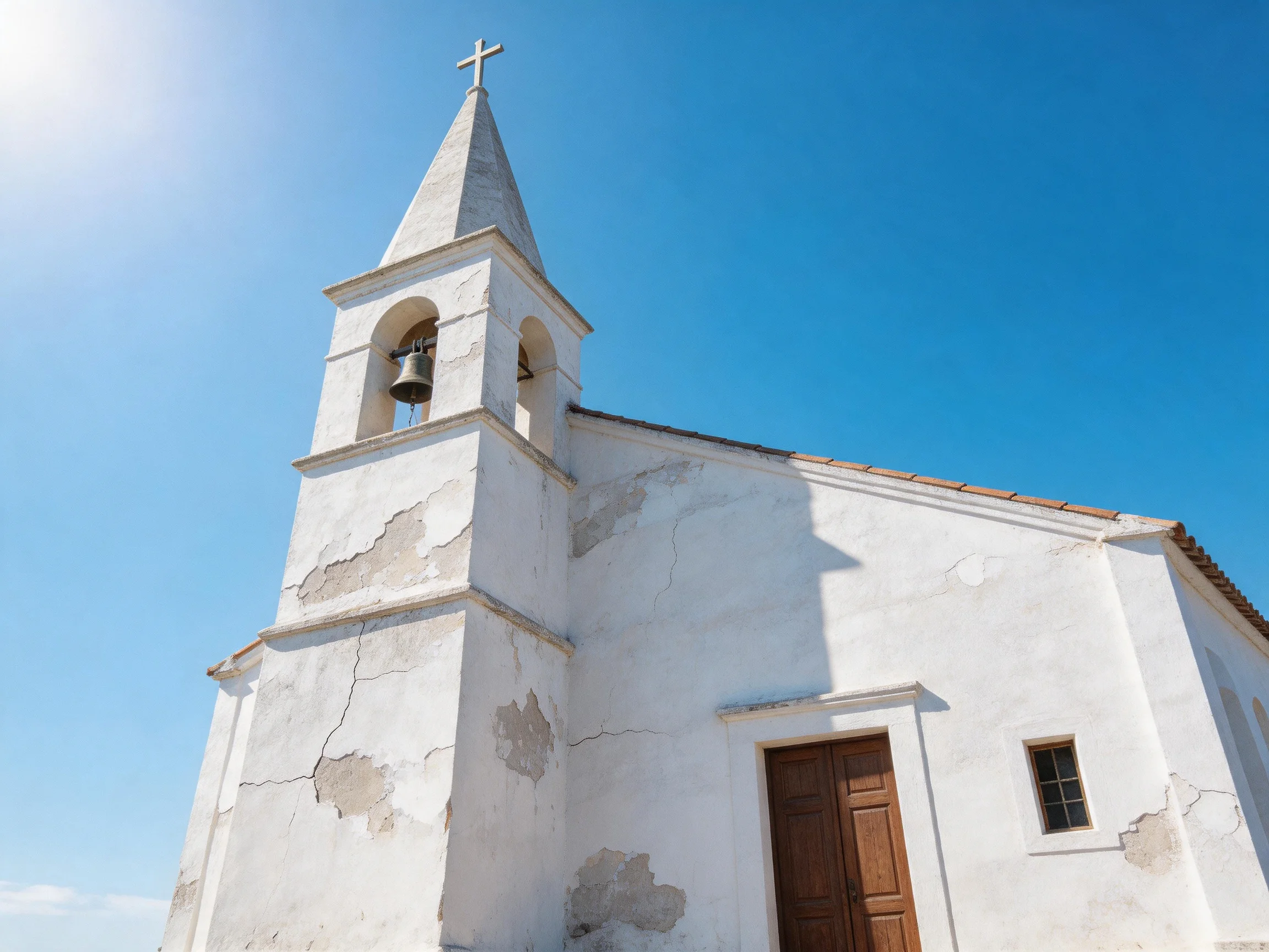 A weathered white chapel with a bell tower under clear blue sky